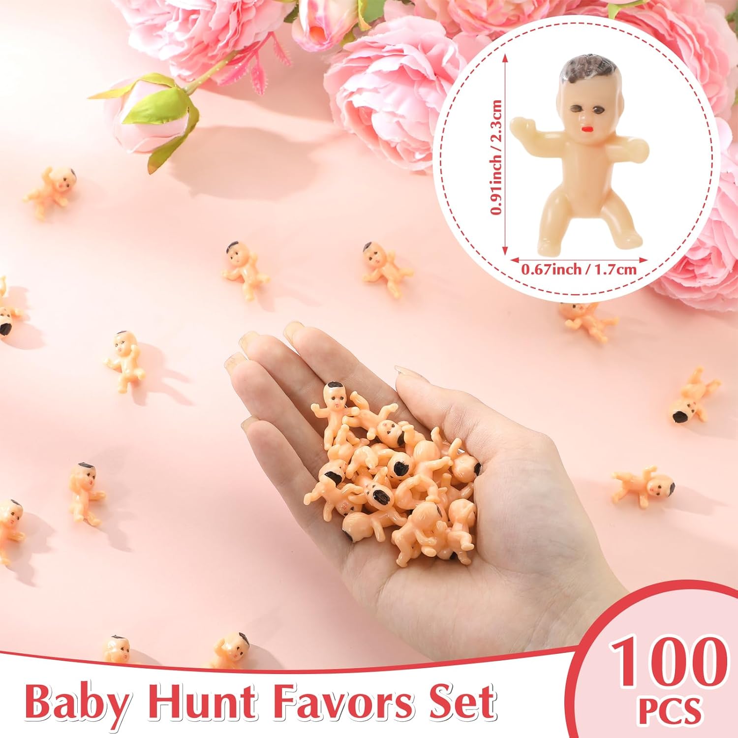 101 Pcs Baby Shower Games Include Paperboard Baby Hunt Sign 100 Mini Plastic Babies Tabletop Sign Tiny Babies Funny Prizes For Gender Reveal Party Favors(Pink,Flowers)