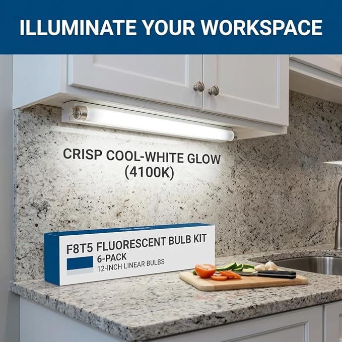 6 Pack F8T5 Fluorescent Light Bulbs 12 Inch 8W Cool White 4100K Under Cabinet Tube Bulbs