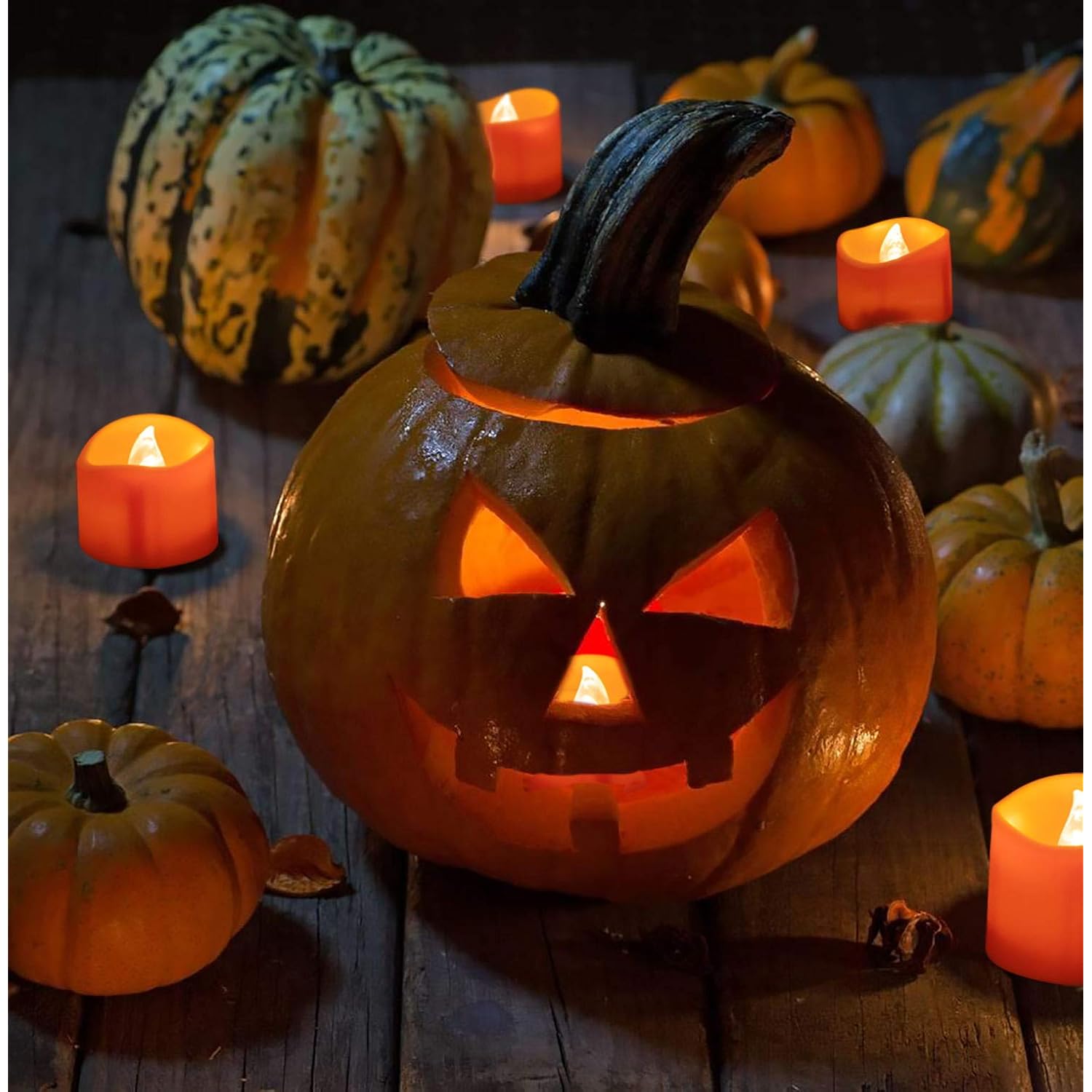 24 Pack Halloween Tea Lights, Realistic Orange Tea Candles, Battery Operated Flameless Tealights For Halloween, Fall Decorations