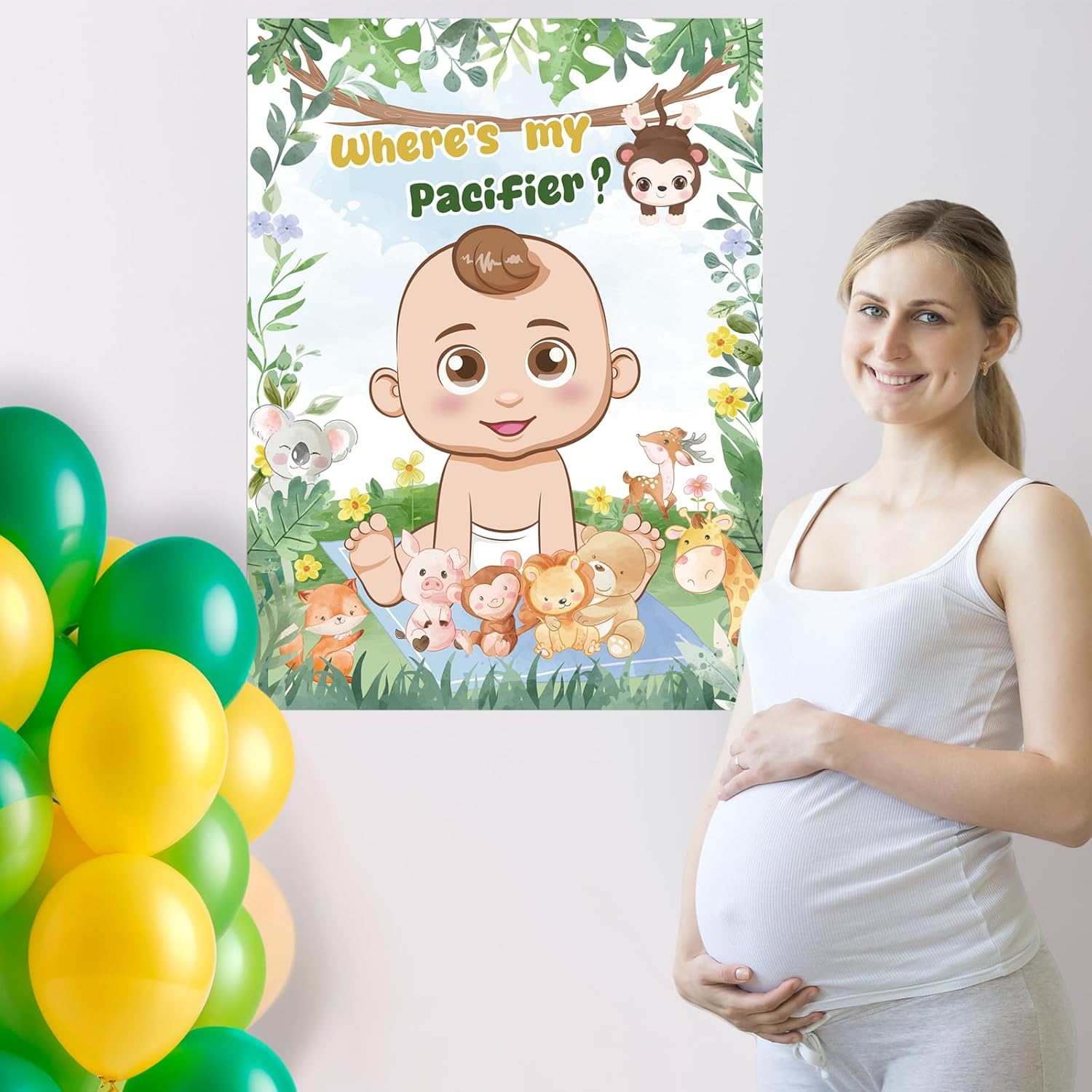 Pin The Pacifier On The Baby Game Safari Jungle Baby Shower Decorations With Large Poster Blindfold 45 Pacifier Stickers Sage Green Animals Games Forest Theme Birthday Party Decorations Supplies