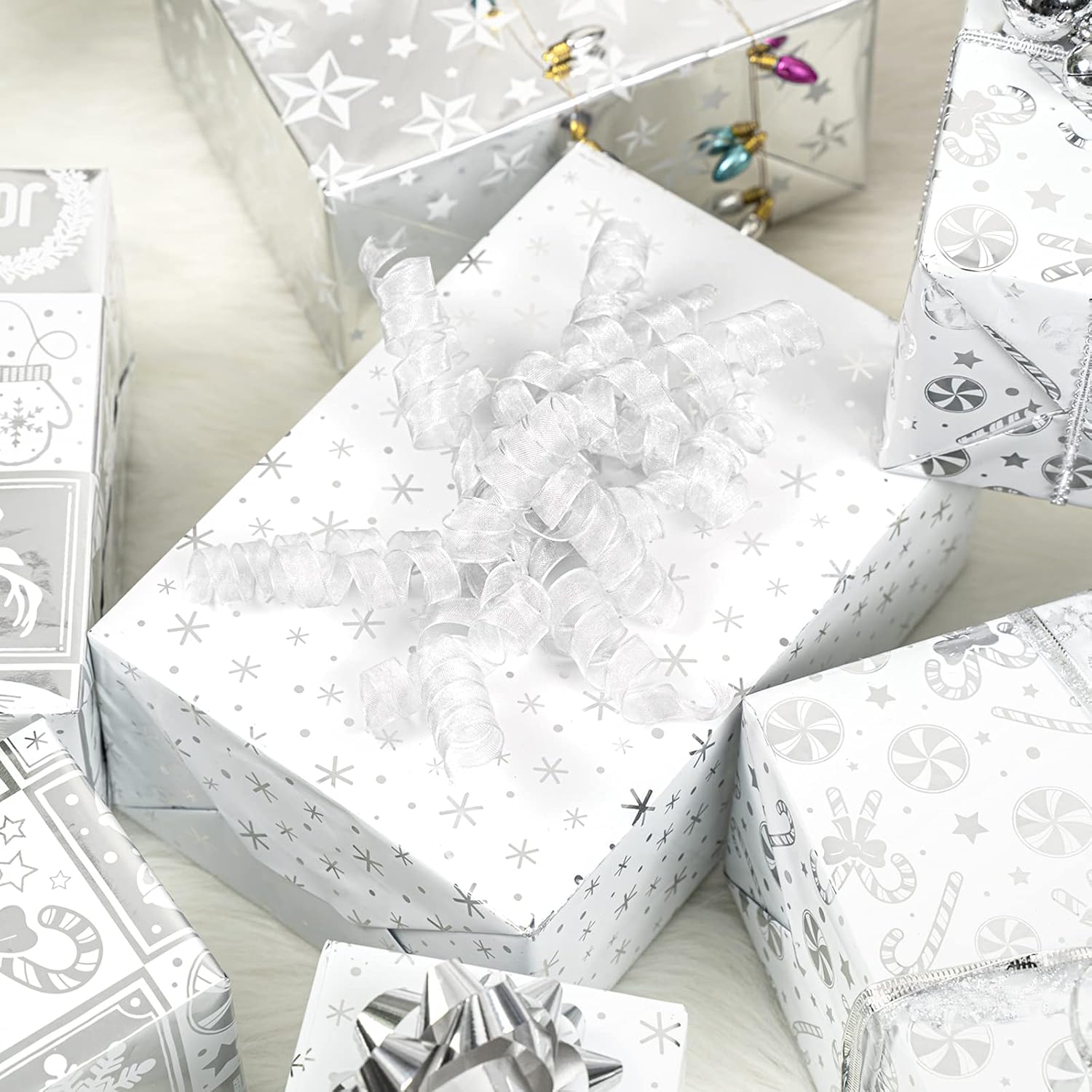 30 Inch Silver Christmas Wrapping Paper Roll - Jumbo Roll Silver Snowflakes, Candy Cane Holiday Collection With Metallic Foil Shine - 4 Rolls - 30 Inch X 120 Inch Per Roll