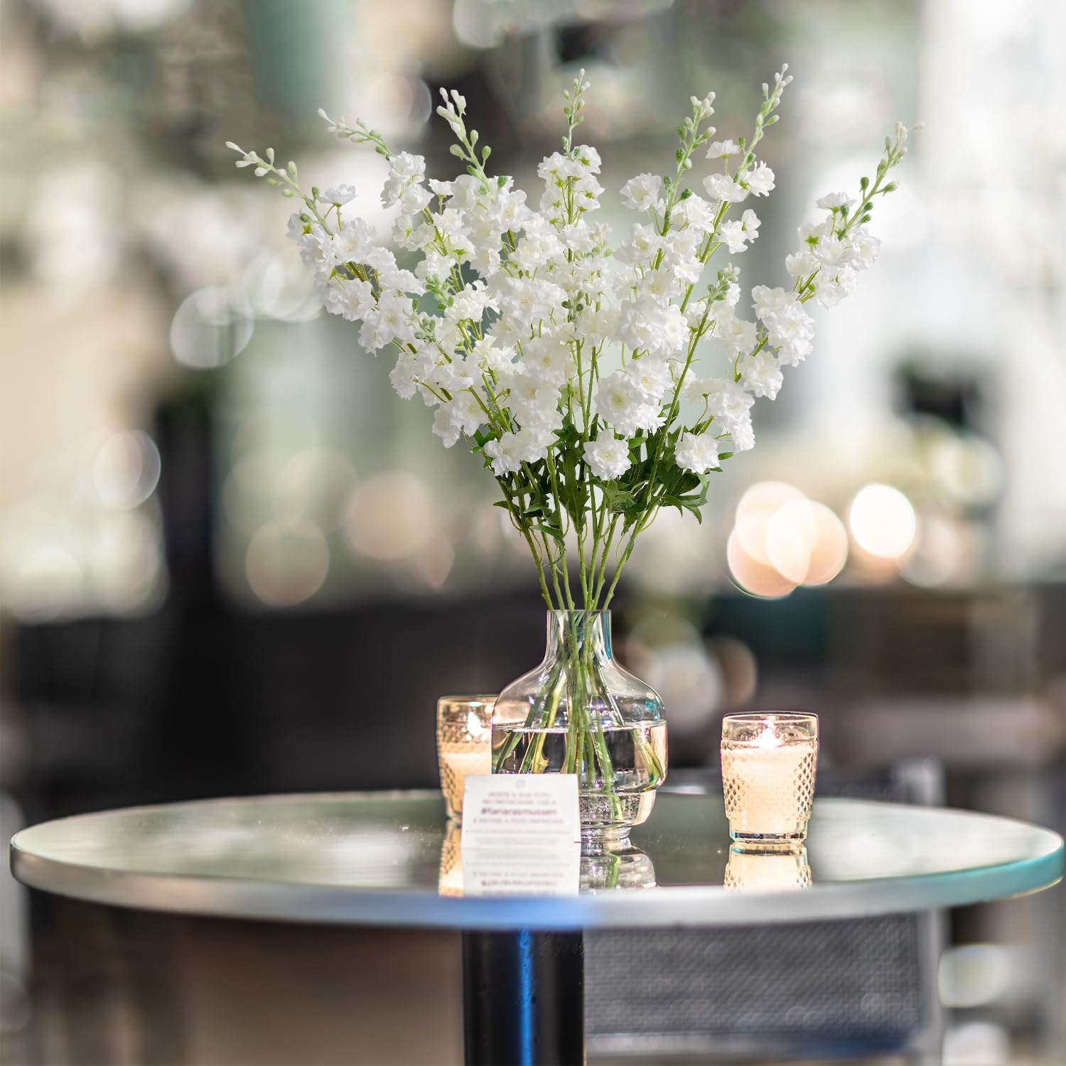 4Pcs 33.5'' White Delphinium Artificial Flower Faux Larkspur Long Stem Fake Floral Silk Bouquets Plant For Tall Floor Vase Spring Home Kitchen Wedding Outdoor Indoor Decoration