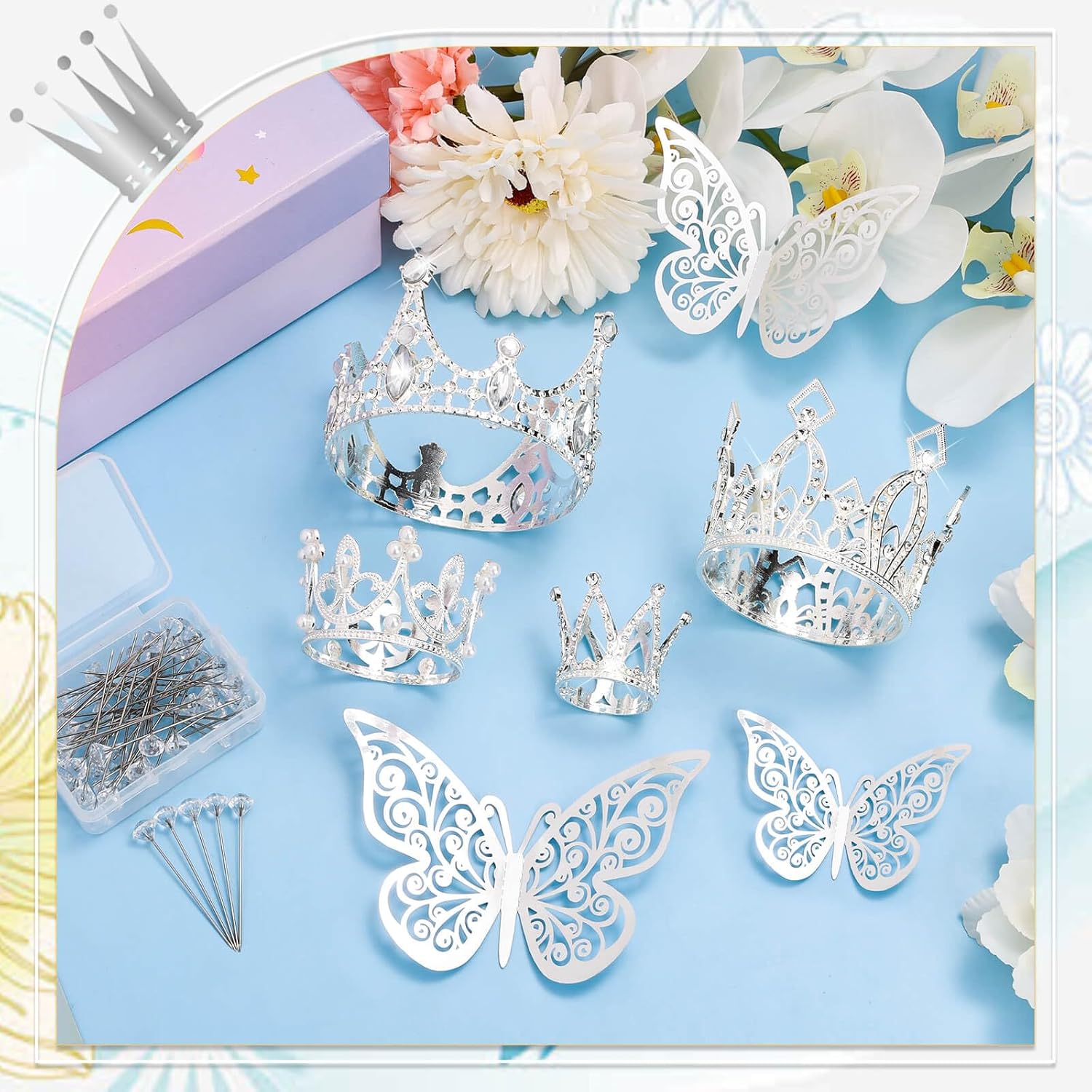 Flower Bouquet Accessories Including 4 Pcs Silver Crowns, 12 Pcs Butterfly Decorations And 50 Pcs Flower Pins For Flower Bouquets And Cake Topper Decoration
