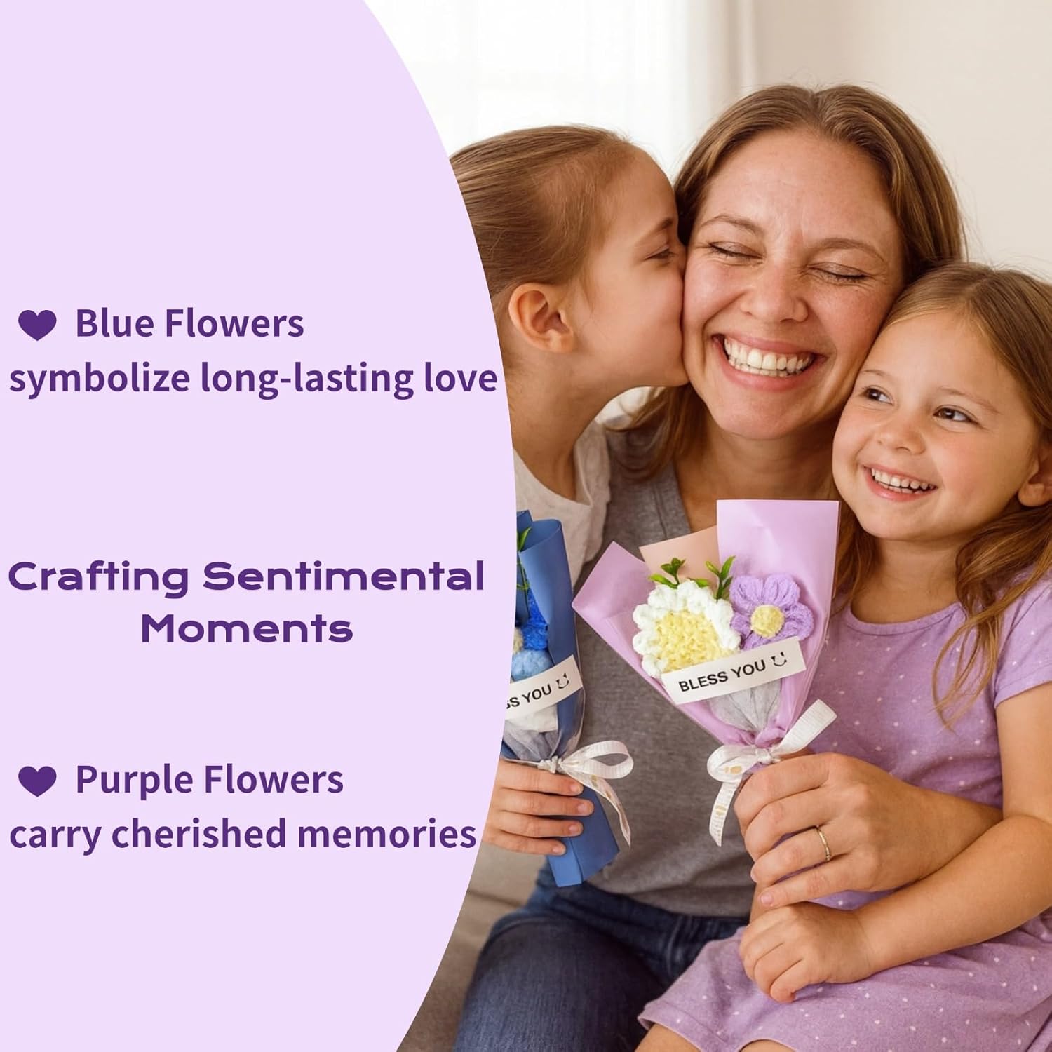 2Pack Handmade Mini Crochet Flower Bouquet With Greeting Card, Knitted Crochet Flowers Graduation Party Wedding Christmas, Artificial Crochet Flowers For Mom Wife Gift Home Decor Blue And Purple