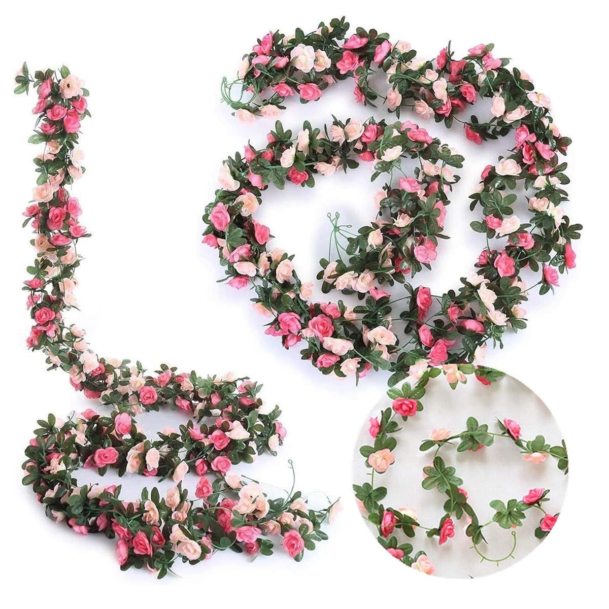 Fake Rose Vines Flowers Plants, 2 Pack 8.2 Feet Artificial Rose Flower Vine Hanging Flower Garland For Room Home Hotel Office Wedding Party Garden Craft Art Decor Pink