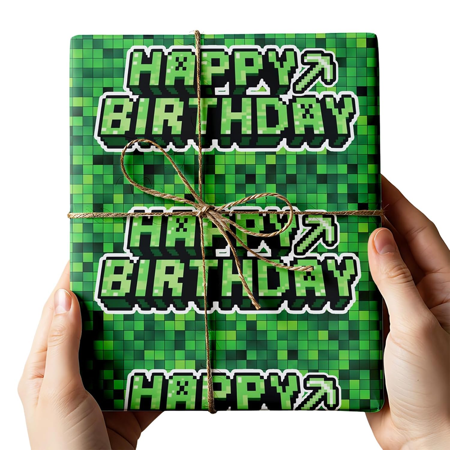 Birthday Wrapping Paper Boy Happy Gift Wrap Bag Party Decoration For Kids Gamer Thick Cute Pixel Style 17X29.5” 10 Sheets In A Roll Green
