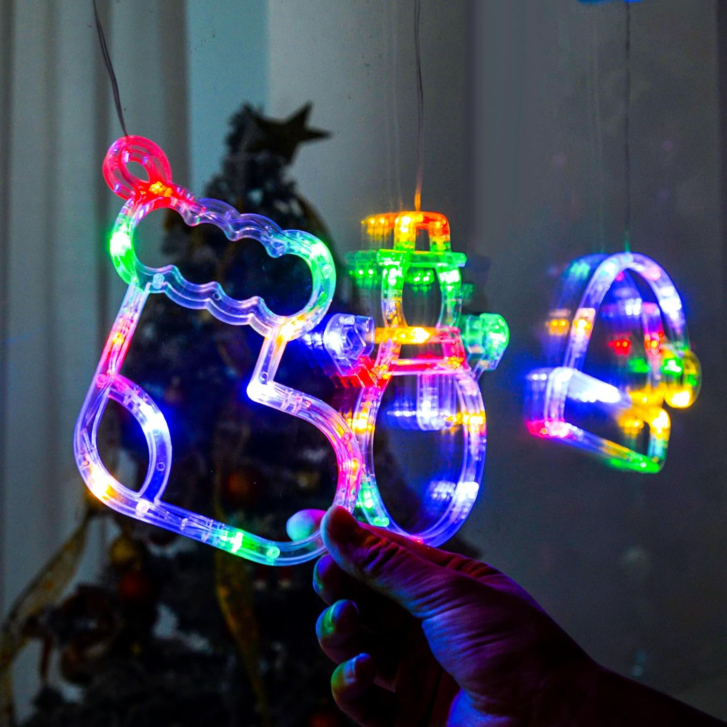 Christmas Window Lights, 3 Pack Multicolor Stocking, Snowman, Santa Hat With Suction Cup, Timer Function And Slow Fade M