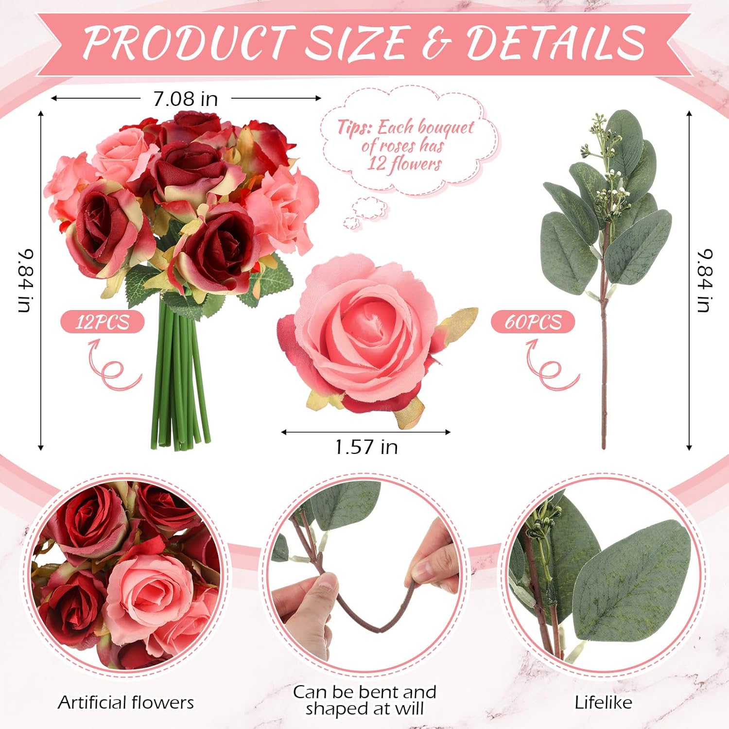 12 Bunches Wedding Bridesmaids Bouquets 144 Heads 7 Inch Artificial Rose Bouquets Silk Fake Flower Bulk With Stems For Valentine'S Day Wedding Bridal Shower Home Party Decor(Rose Red)