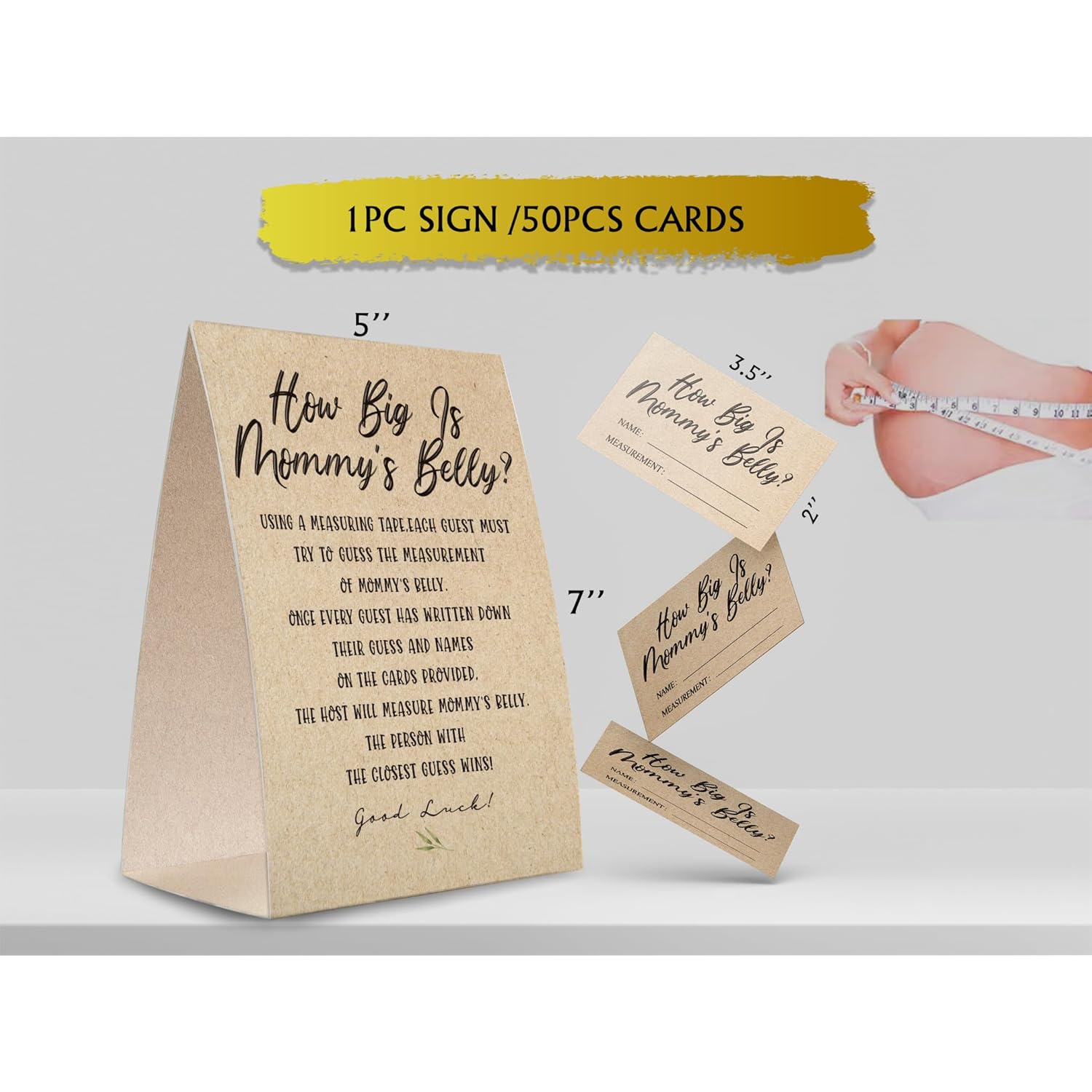 Kraft Paper How Big Is Mommy'S Belly Sign,Guess Mommy'S Belly Size Game Kit (1 Standing Sign + 50 Guessing Cards), Baby Showers Decorations-Npzhb03
