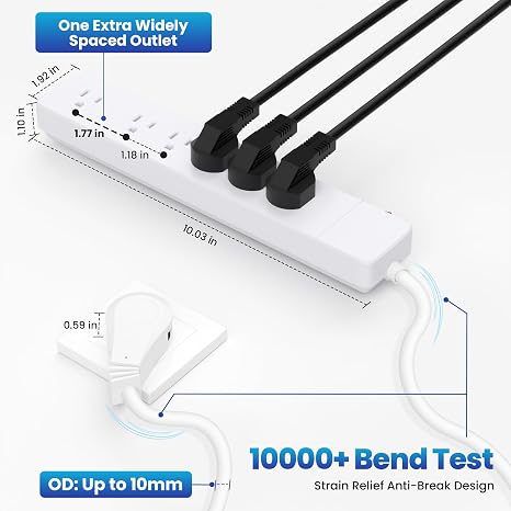 Power Strip with 4 ft Cord and 5 AC Outlets Plus 1 Widely Spaced Outlet and Flat Plug