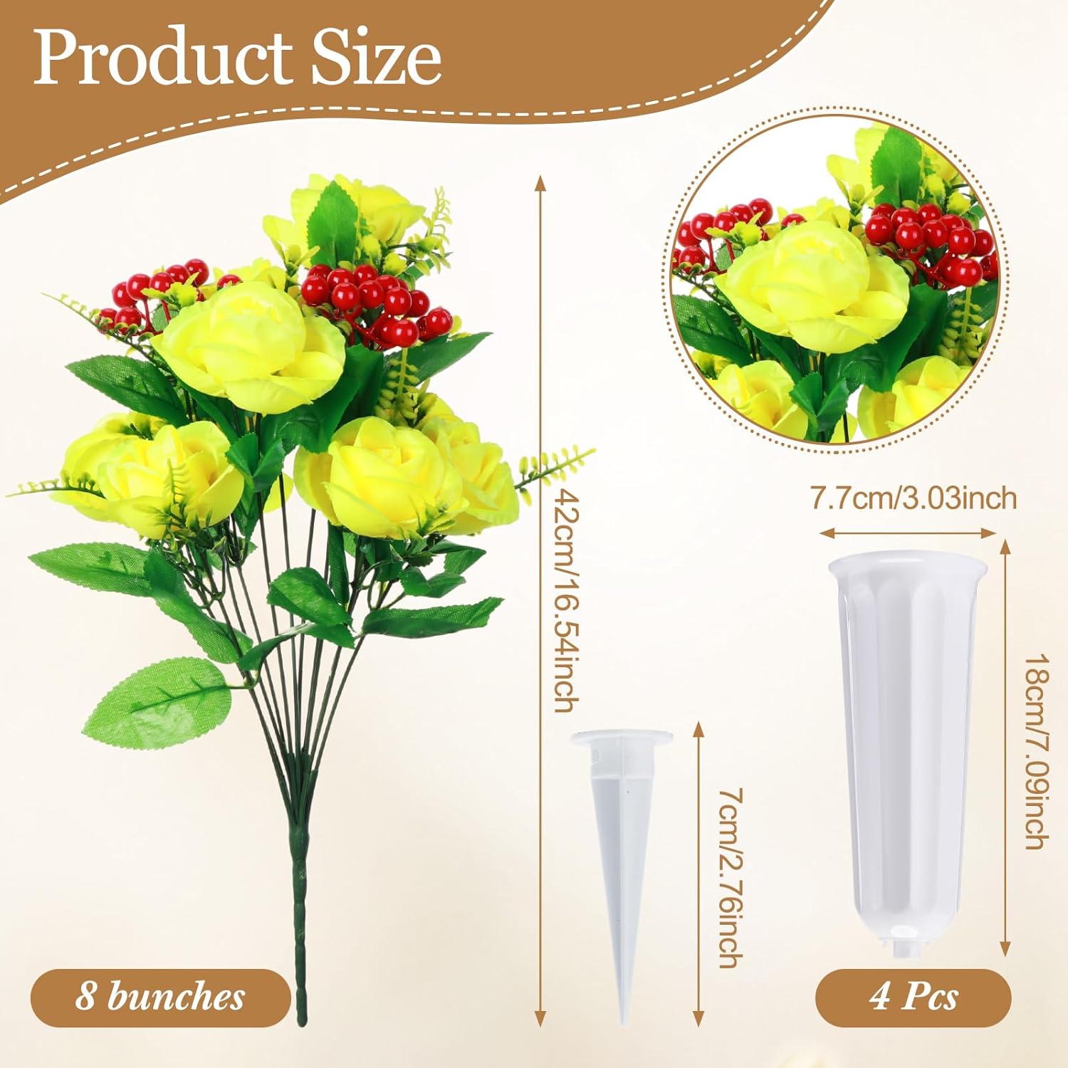 4 Sets Christmas Artificial Cemetery Flowers With Vase For Grave Silk Fall Flower Bouquet Cemetery Decoration For Outdoor Funeral Graveside Headstone Arrangement(White, Yellow)