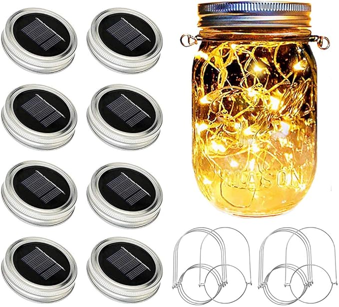 8 Pack Solar Mason Jar Lights 20 LED Waterproof Fairy String Lights with Hangers Warm White Outdoor Garden Patio Wedding Yard Decor No Jars Included Updated Design