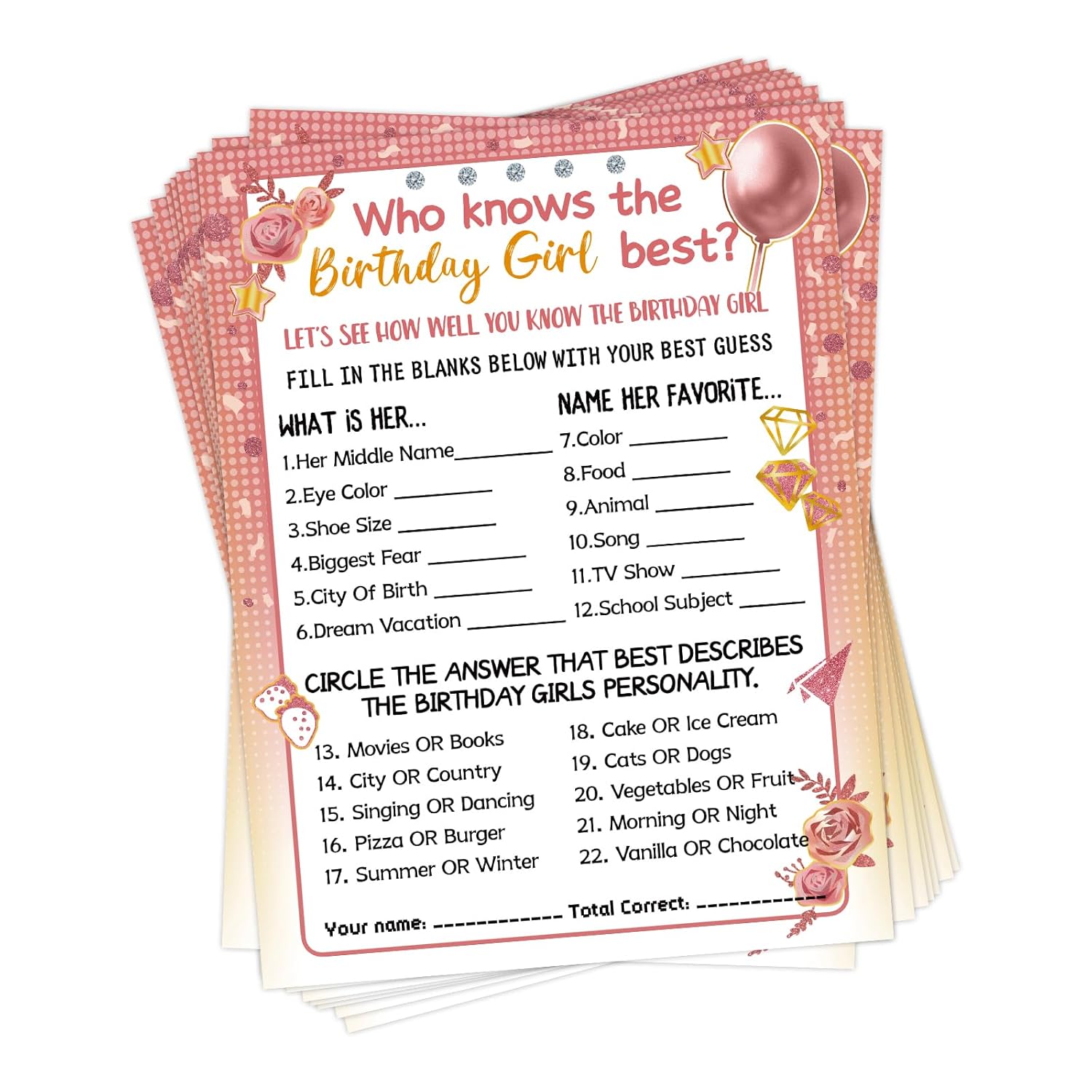 Who Knows The Birthday Girl Best, Birthday Would She Rather, Birthday Game Cards For Girls Her Sleepover Party - 6X8 Inch Set Of 30 (Pink & Rose, Double-Sided)