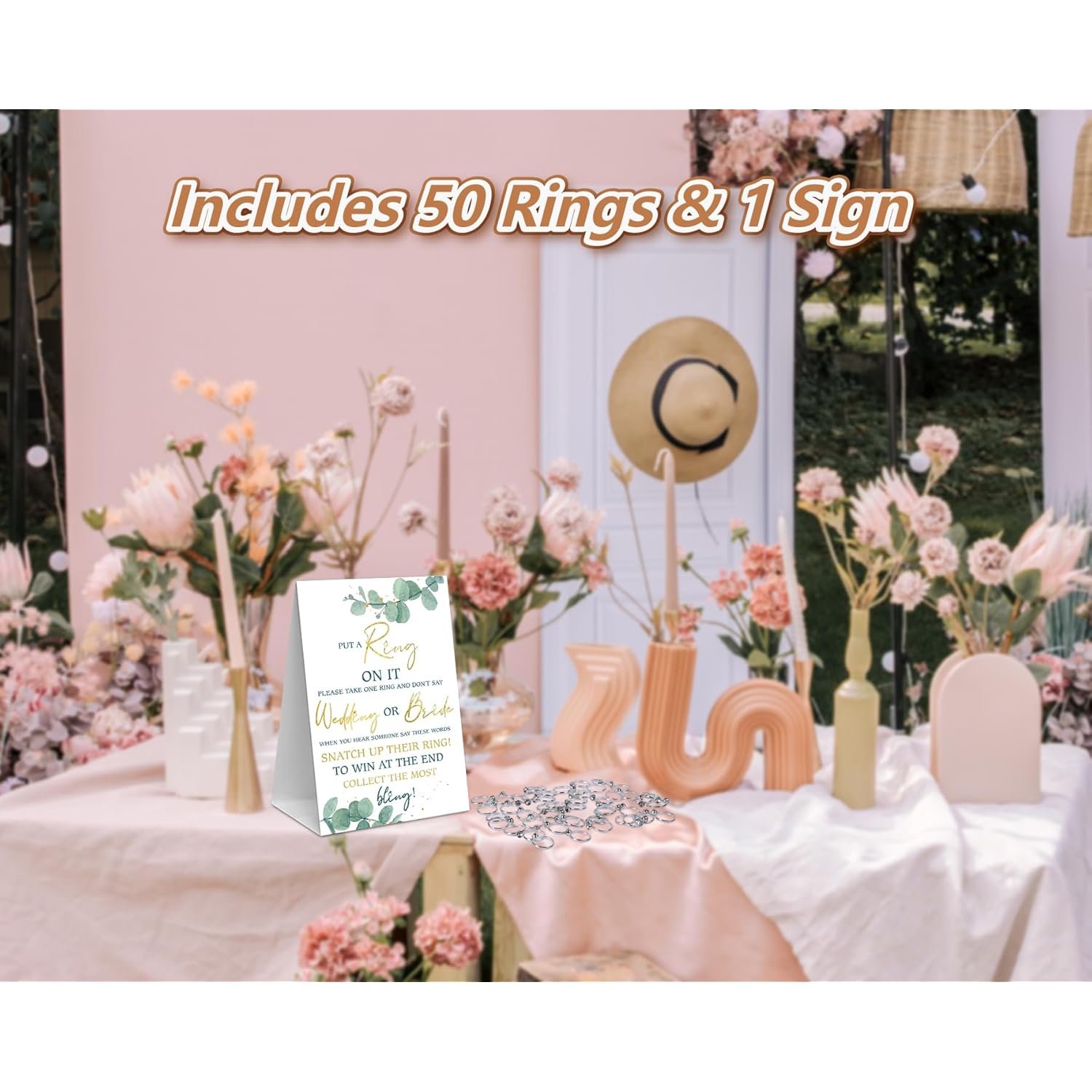 Eucalyptus Bridal Shower Theme Decorations,Put A Ring On It Game,Don'T Say Bride Games,Bridal Shower Games,Wedding Shower,Engagement Party Games(1 Sign And 50 Plastic Diamond Rings)-1