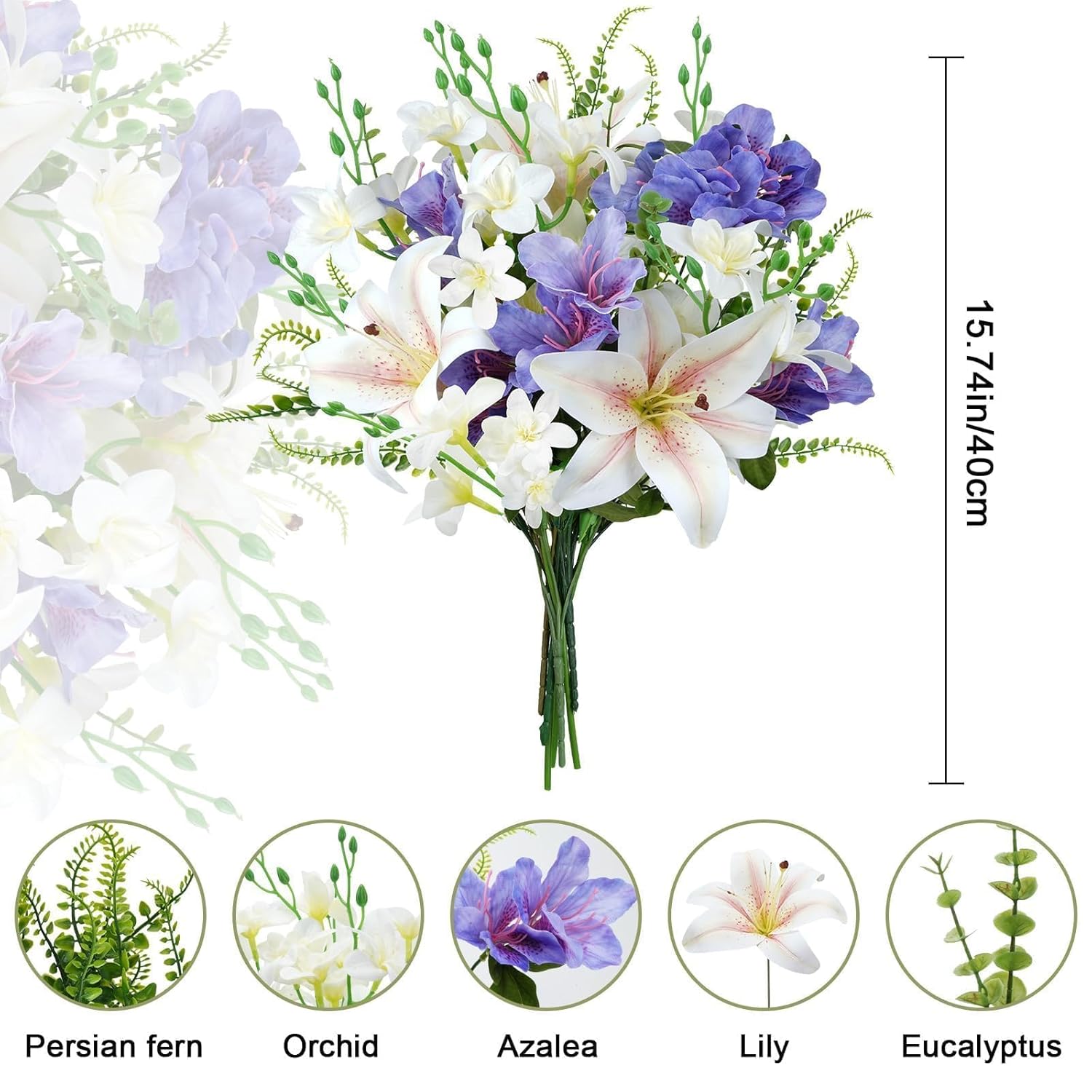 10 Pcs Spring Flowers Artificial Lilies Bouquet Fake Easter Cemetery Flowers Silk Flower Arrangements For Vase Home Table Centerpieces Wedding Indoor Grave Decorations (Pueple White)