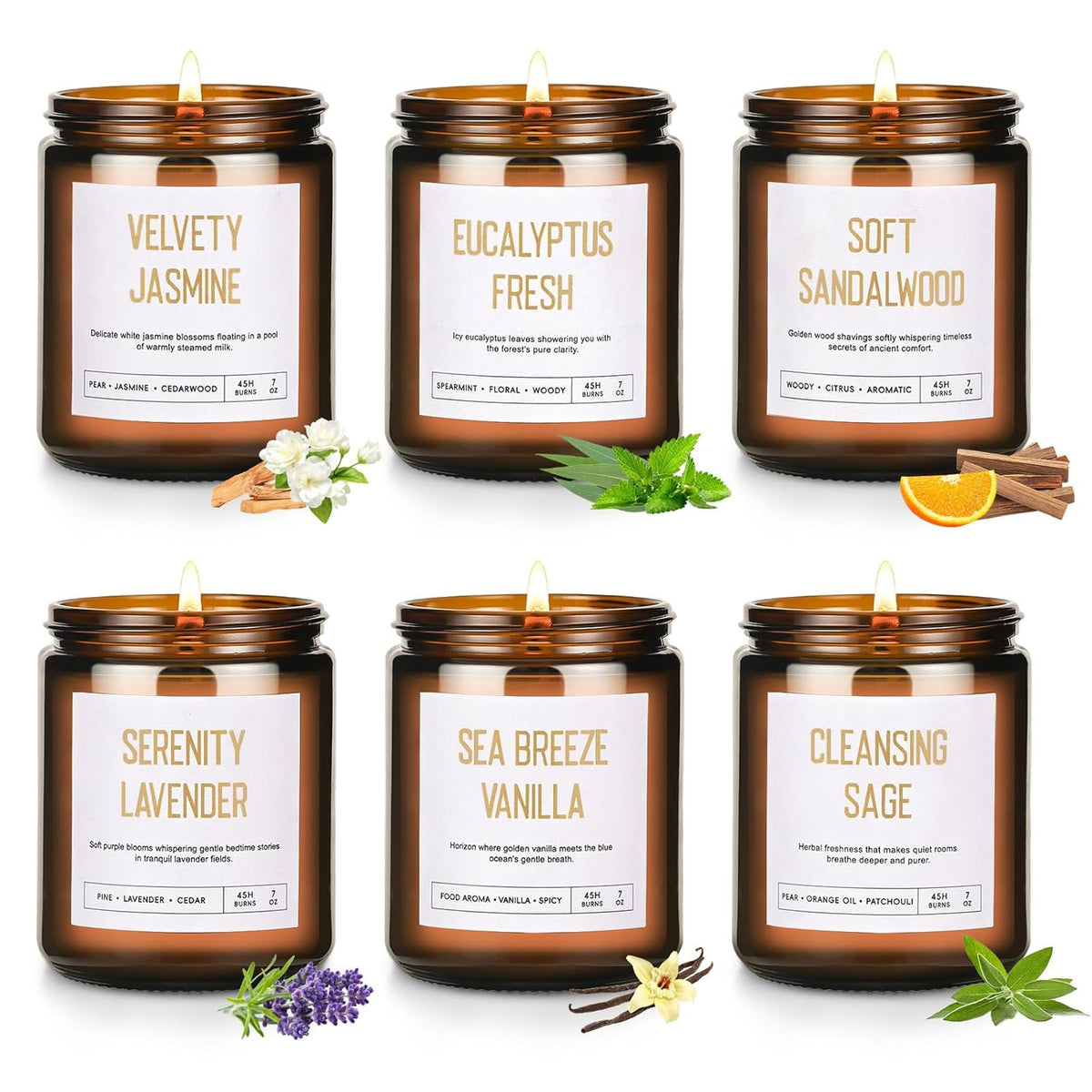 Scented Soy Candles Set For Women - 6 Pack 42Oz 300Hour Candle For Home Scented, Lavender Vanilla Eucalyptus Sage Jasmine Sandalwood Candle For Spring Summer, Natural Soy Wax Aromatherapy Candles