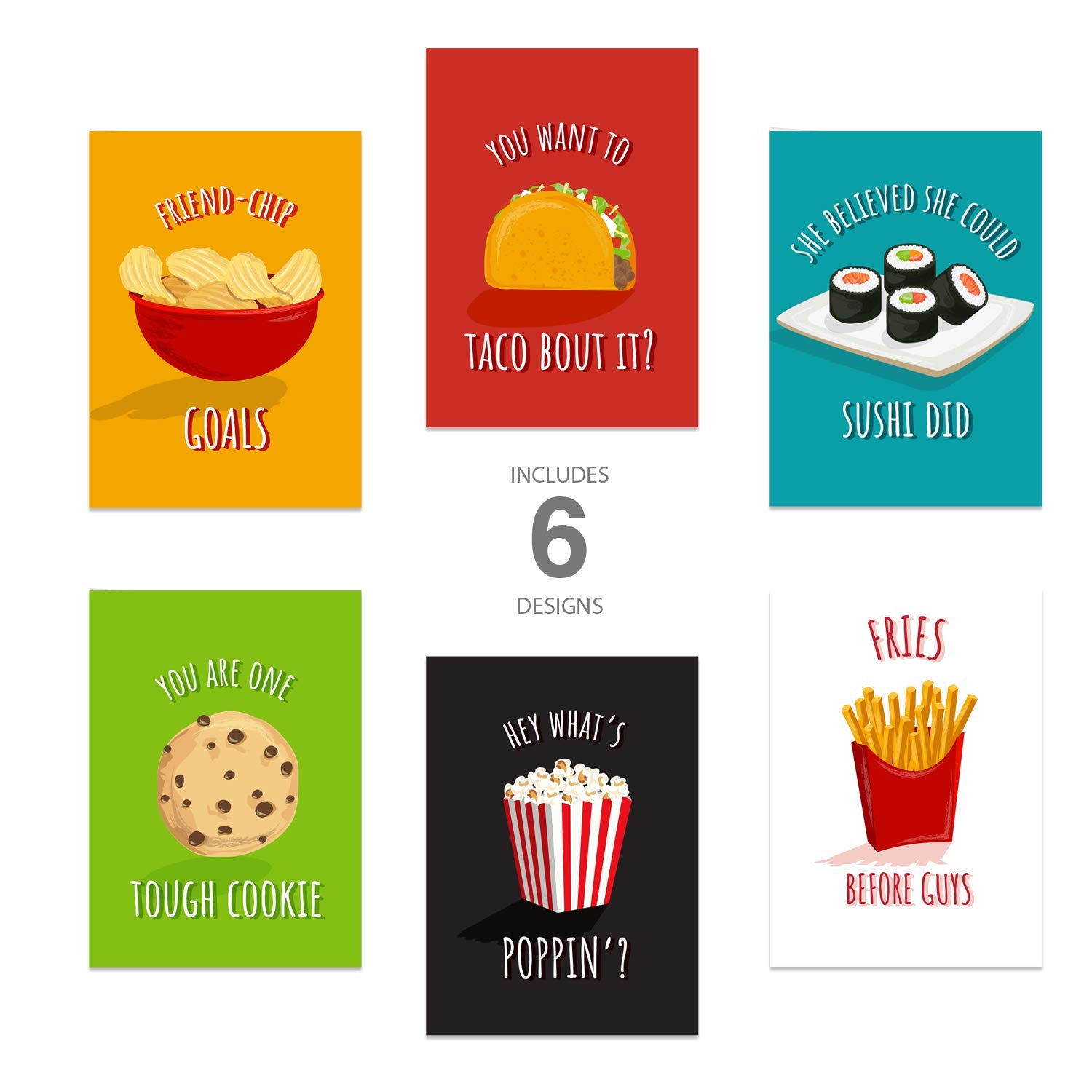 Bestie Food Note Cards / 4 5/8" X 6 1/4" Friendship Food Pun Cards / 12 Illustrated Thinking Of You Greeting Cards/Made In The Usa