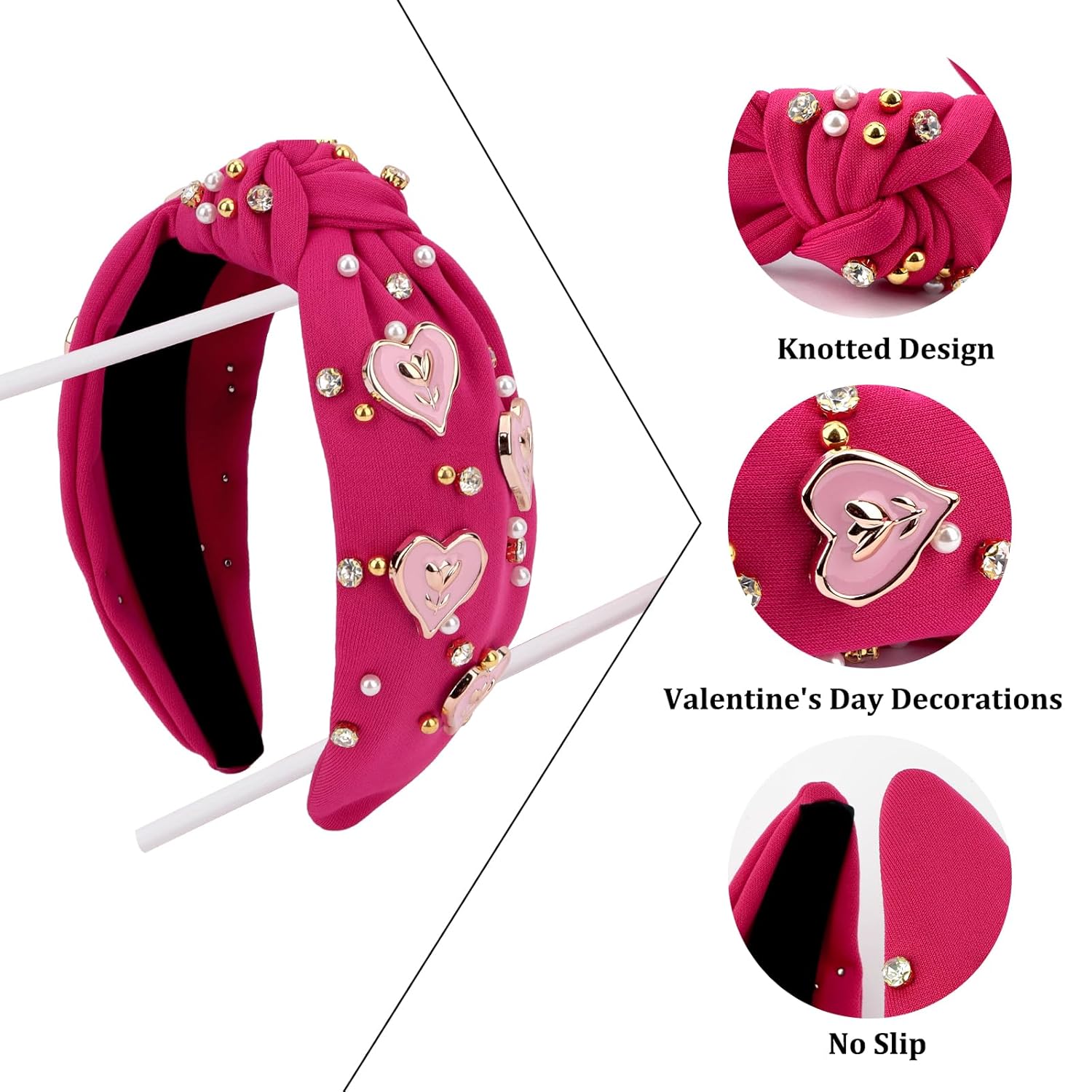 Valentine'S Day Headband For Women Girls Rose Pink Pearl Rhinestone Hairband Love Heart Knotted Headbands Crystal Jeweled Wide Top Knot Headpiece Valentines Hair Accessories Party Holiday Gifts