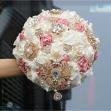 Handmade Rose Floral Crystal Pendant Pearl Decor Bridal Wedding Bouquet Gold Rhinestone Artificial Brooch Flowers For Quinceanera