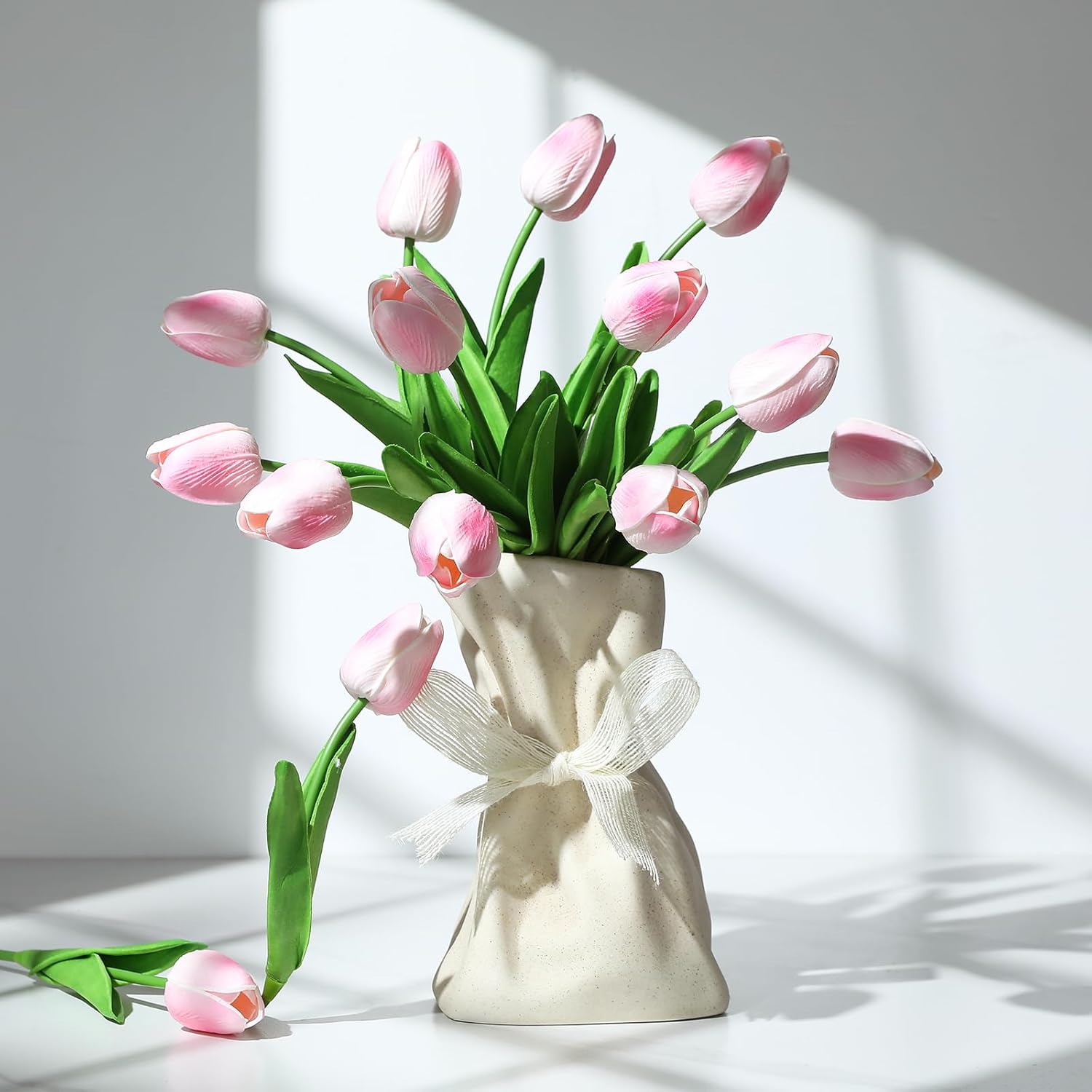 30 Pcs Artificial Tulips Pu Faux Flowers, Pink Real Touch Fake Tulips For Valentine'S Day Spring Easter Home Kitchen Wedding Decorations And New Year Decor