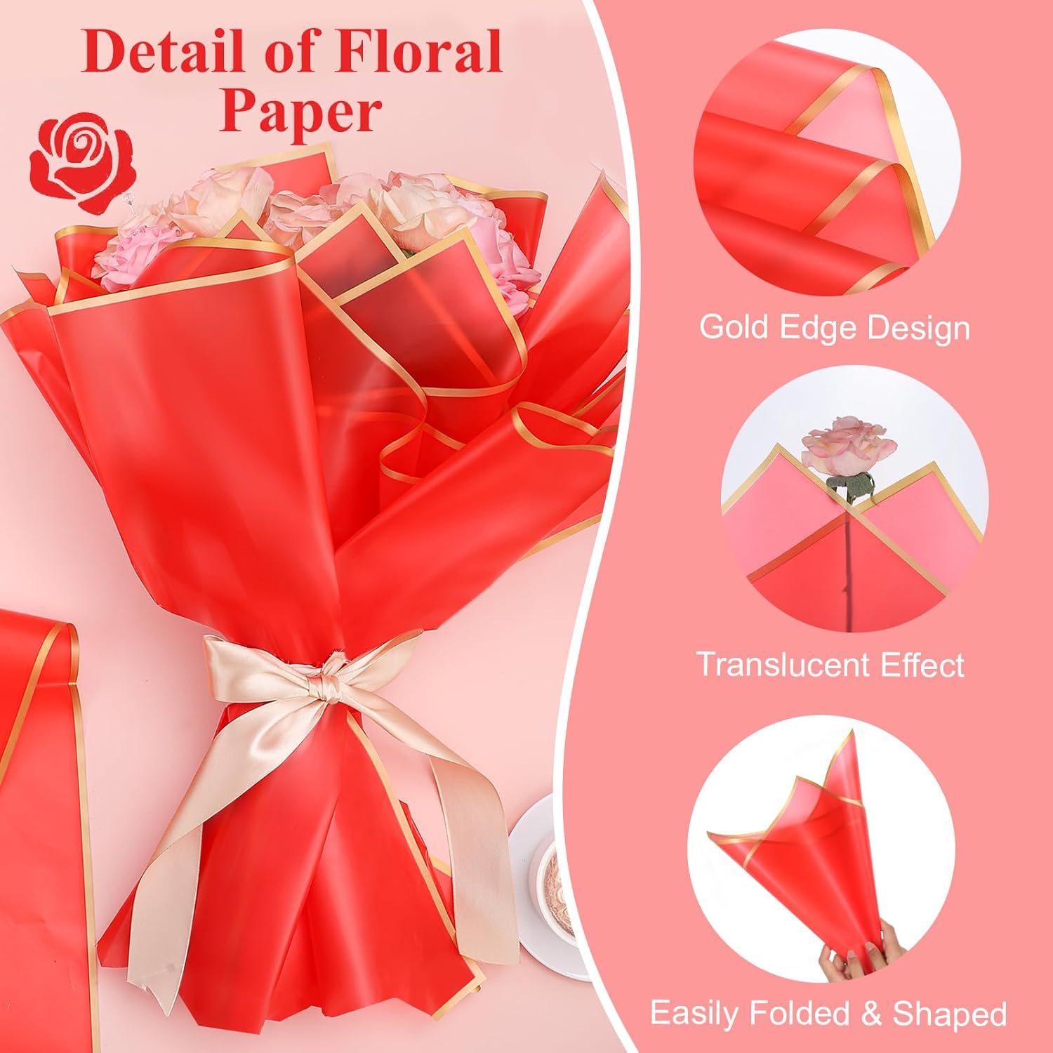 25 Sheets Red Flower Wrapping Paper Waterproof Floral Bouquet Wrapping Paper For Valentine'S Day Birthday Party Favor Florist Supplies Gift Wrapping Crafts