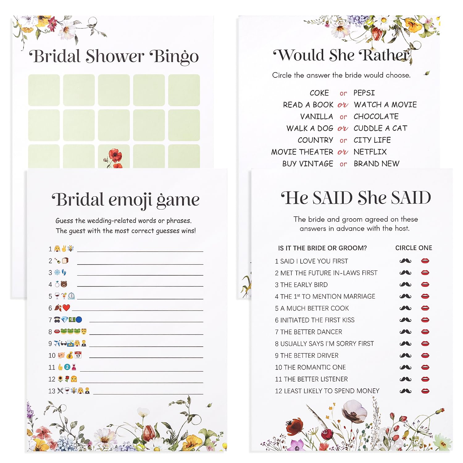 4 Fun Bridal Shower Games For 60 Guests - Wedding Games Includes Bingo, Emoji Guessing, Bride Trivia(Would She Rather), He Said She Said Bridal Game, Love Is In Bloom Wildflower Design