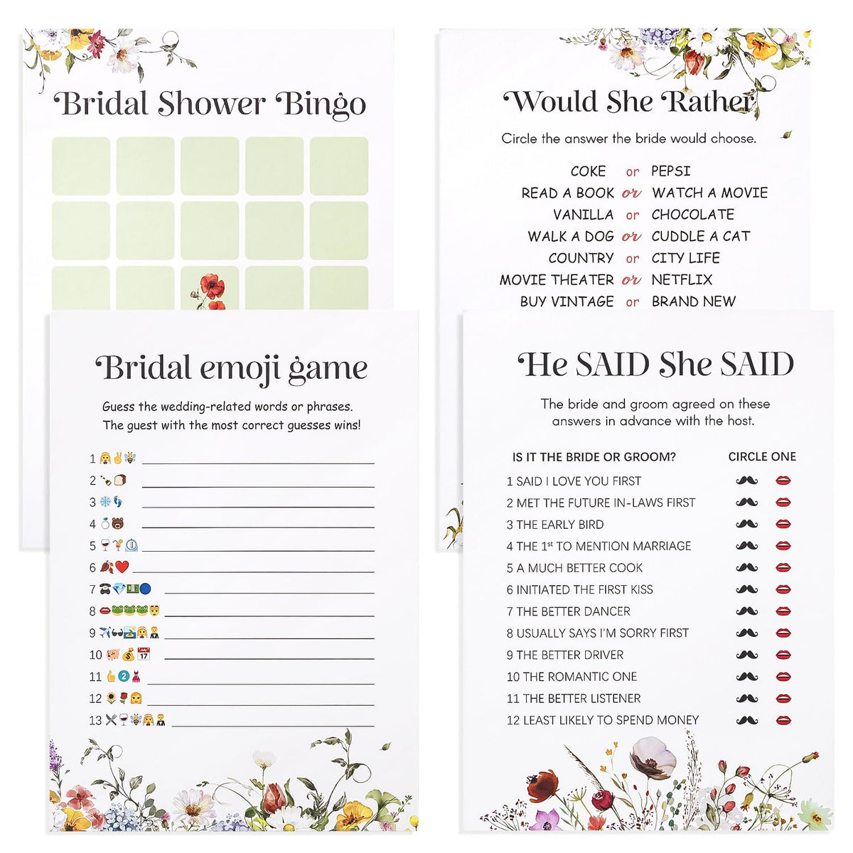 4 Fun Bridal Shower Games For 60 Guests - Wedding Games Includes Bingo, Emoji Guessing, Bride Trivia(Would She Rather), He Said She Said Bridal Game, Love Is In Bloom Wildflower Design