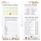 4 Fun Bridal Shower Games For 60 Guests - Wedding Games Includes Bingo, Emoji Guessing, Bride Trivia(Would She Rather), He Said She Said Bridal Game, Love Is In Bloom Wildflower Design
