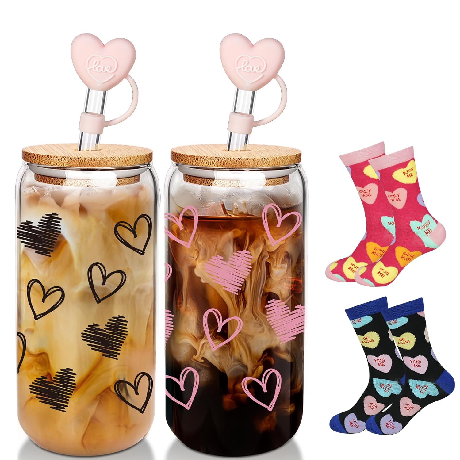 Valentine Glass Cups With Socks, Valentine Gifts For Him/Her, 18 Oz Hearts Glass Cups Gifts,Warm Socks For Women Men, Couple Iced Coffee Cups,Glass Cups With Lids And Straws - 2 Sets