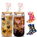 Valentine Glass Cups With Socks, Valentine Gifts For Him/Her, 18 Oz Hearts Glass Cups Gifts,Warm Socks For Women Men, Couple Iced Coffee Cups,Glass Cups With Lids And Straws - 2 Sets