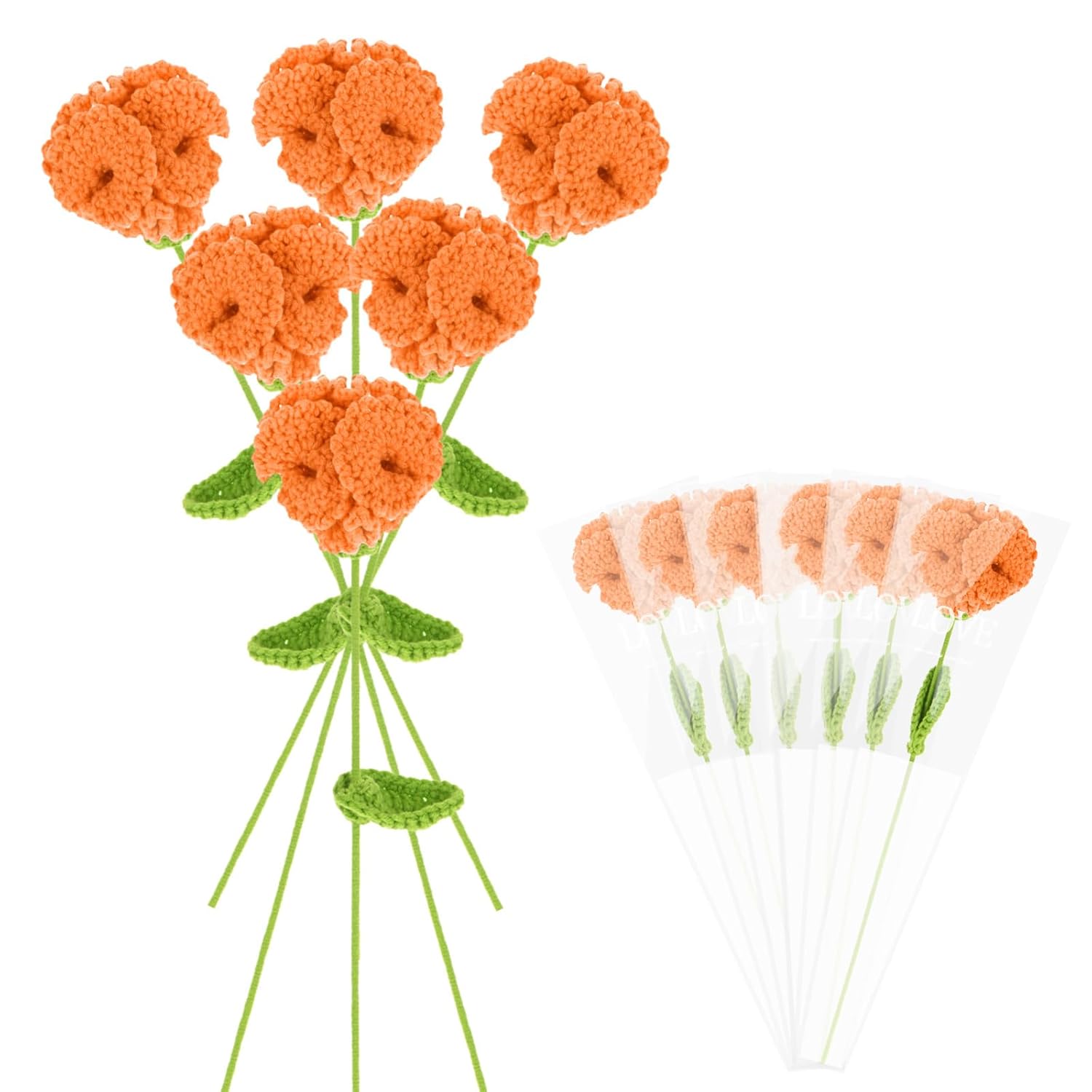 6-Pack Crochet Flowers, Knitted Artificial Wool Carnation For Mother'S Day/Wedding/Birthday/Diy Decor, Handmade Knitted Flowers [Orange]