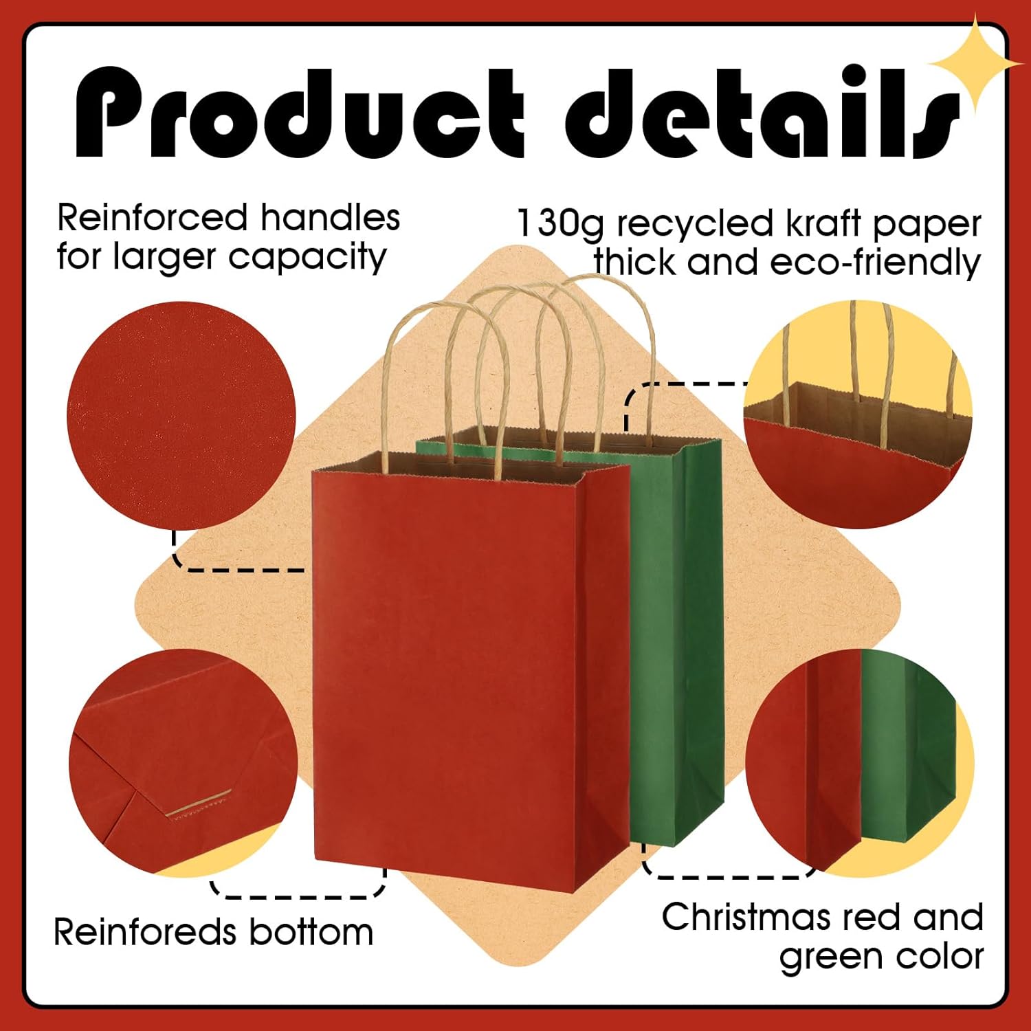 100 Pcs Red And Green Christmas Gift Bags Kraft Paper Bags With Handles Holiday Gift Bags For Wedding Baby Shower Bridal Shower Shopping Party Favor Business(8.26 X 6.3 X 3.15 Inch)