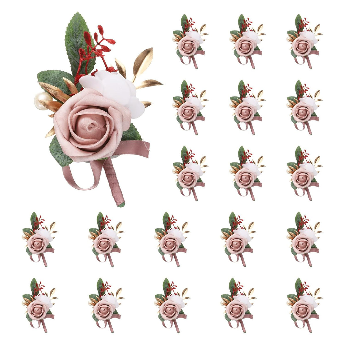 uxcell 20pcs Grey Pink Boutonnieres for Men, Artificial Flower Buttonholes Pocket Corsage with Boutonnieres Pins for Wedding Bride Groom Ceremony Anniversary Formal Party