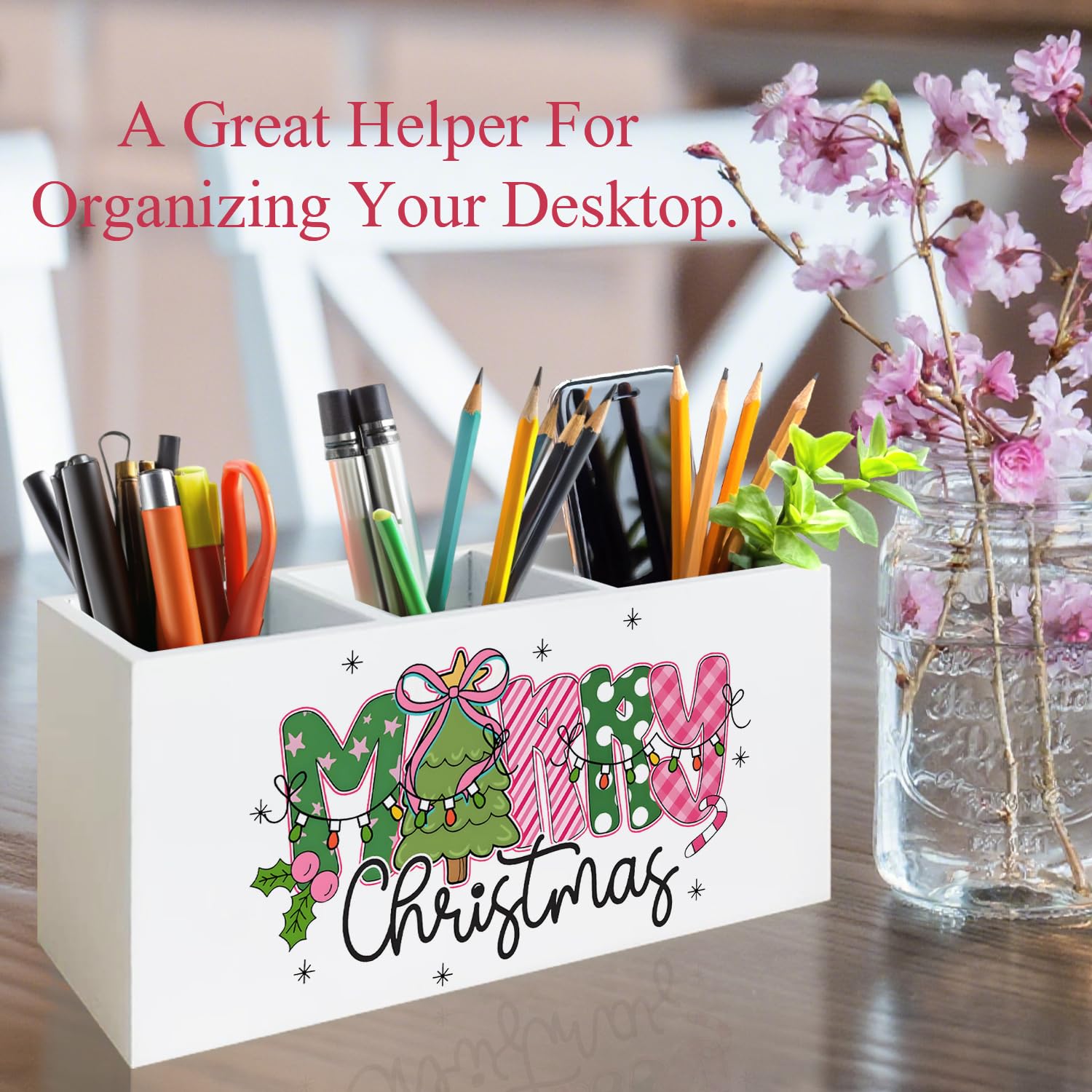 Merry Christmas Kitchen Utensil Holder, Trendy Preppy Xmas Tree Lights Cooking Utensil Holder Wooden Storage Organizer Box For Kitchen Counter, Pink And Green Christmas Decor