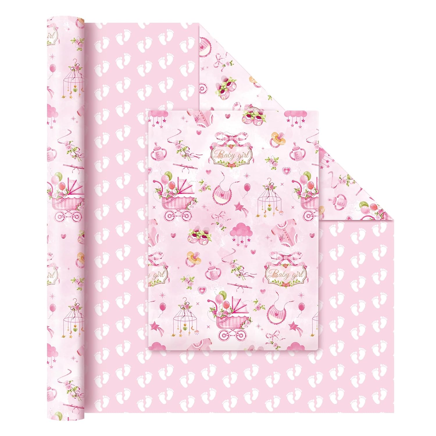 Baby Girl Wrapping Paper - 1 Roll 17” X 33 Ft Baby Shower Wrapping Paper For Girls Kids Birthday Party Decor Favor Pink Girl Baby Shower Design Reversible Footprint Print