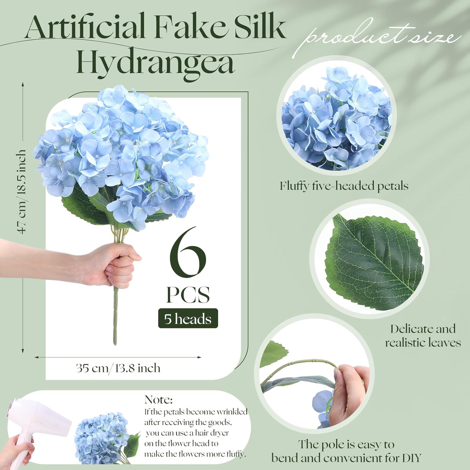 6 Bundles 30 Heads Hydrangea Silk Flowers Large Artificial Hydrangea Flowers Heads With 18.5'' Long Stems Faux Hydrangea Bouquets For Home Table Centerpieces Wedding Party Decoration(Blue)