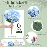 6 Bundles 30 Heads Hydrangea Silk Flowers Large Artificial Hydrangea Flowers Heads With 18.5'' Long Stems Faux Hydrangea Bouquets For Home Table Centerpieces Wedding Party Decoration(Blue)