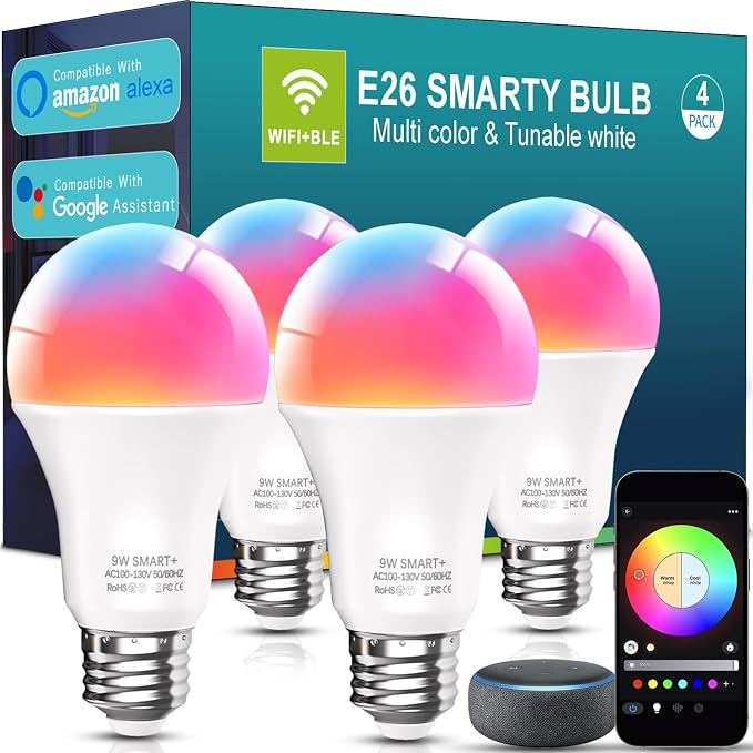Smart Light Bulbs 4 Pack A19 E26 RGBWW Color Changing WiFi Bluetooth LED Bulbs Music Sync