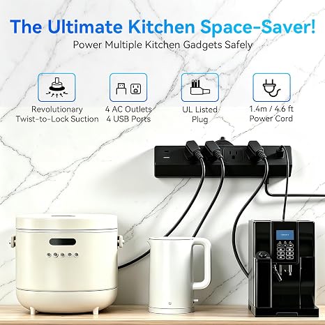 Suction Cup Power Strip 4 Outlets 4 USB 40W Fast Charging Station 4.9FT