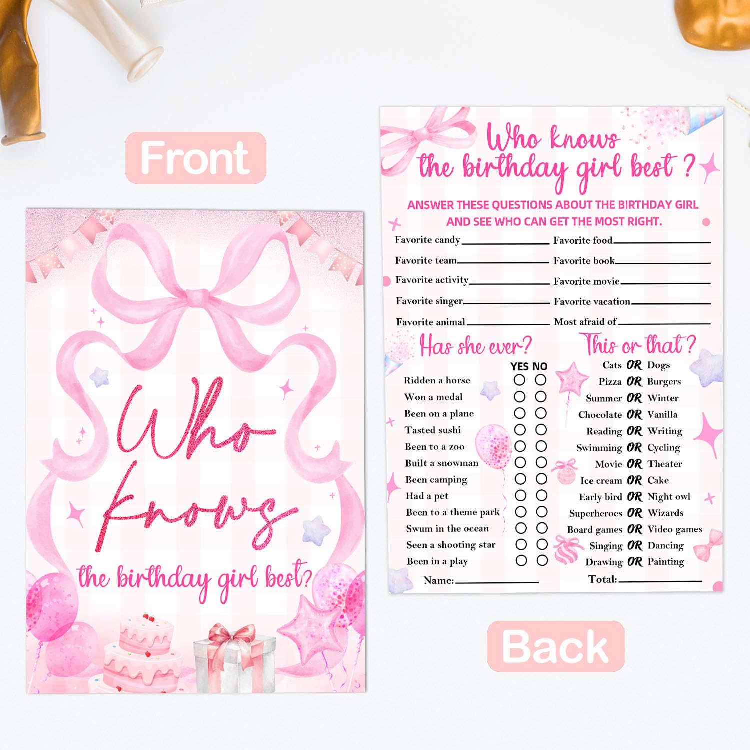 30 Pcs Pink Who Knows The Birthday Best Game Cards, Birthday Party Game, Bow Themed Questionnaire Card, For Sleepover Slumber Birthday Party Supplies, 5 * 7 Inch