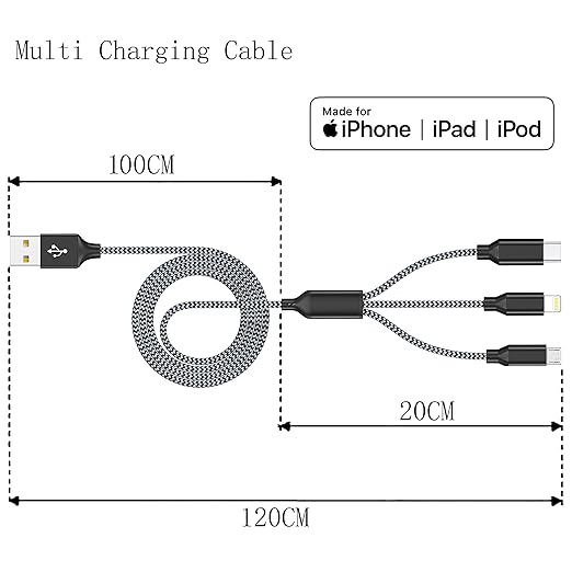 3 Pack 4FT 3 in 1 Multi Charging Cable Nylon Braided USB Charger Cord for Lightning USB C Micro USB