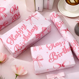 Happy Birthday Wrapping Paper Mini Roll 17In X 32.8Ft Watercolor Coquette Pink Bow Gift Wrap Paper For Girls Birthday Party Wrapping Supplies
