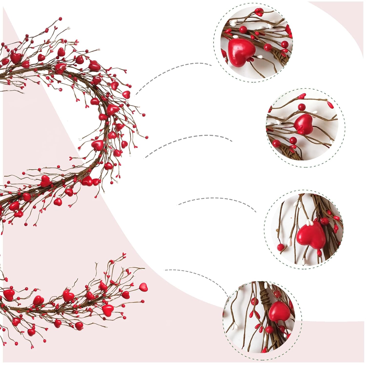TEMPUS Valentine's Day Heart Garland 5.9ft Red Heart Berry Garland Artificial Valentine's Day for Front Door Wedding Anniversary Party Candlelight Dinner Decorations