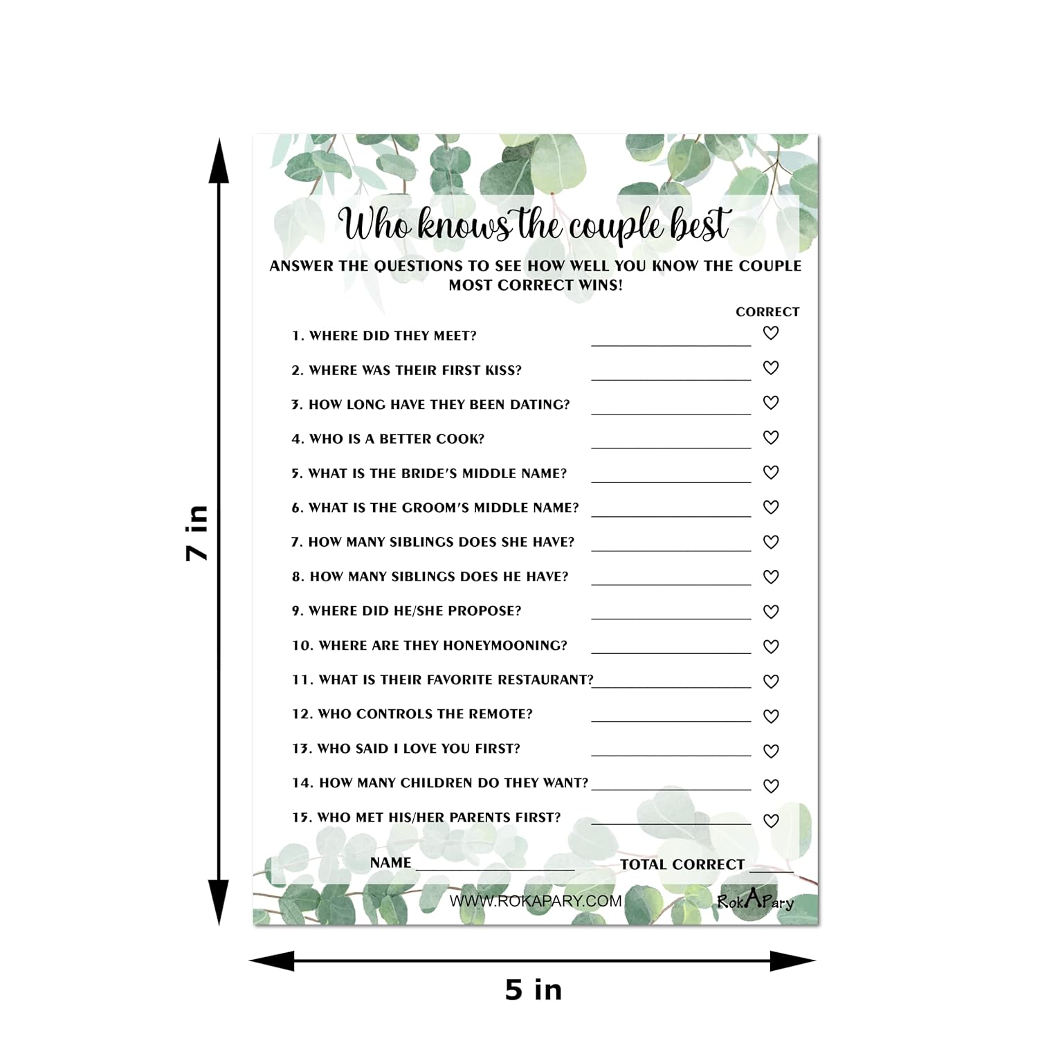 Eucalyptus Who Knows The Couple Best, Wedding, Bridal Shower, Bachelorette Or Engagement Party Game, Couples Guessing Play Pack Of 50 Cards 5”X7” Made In Usa