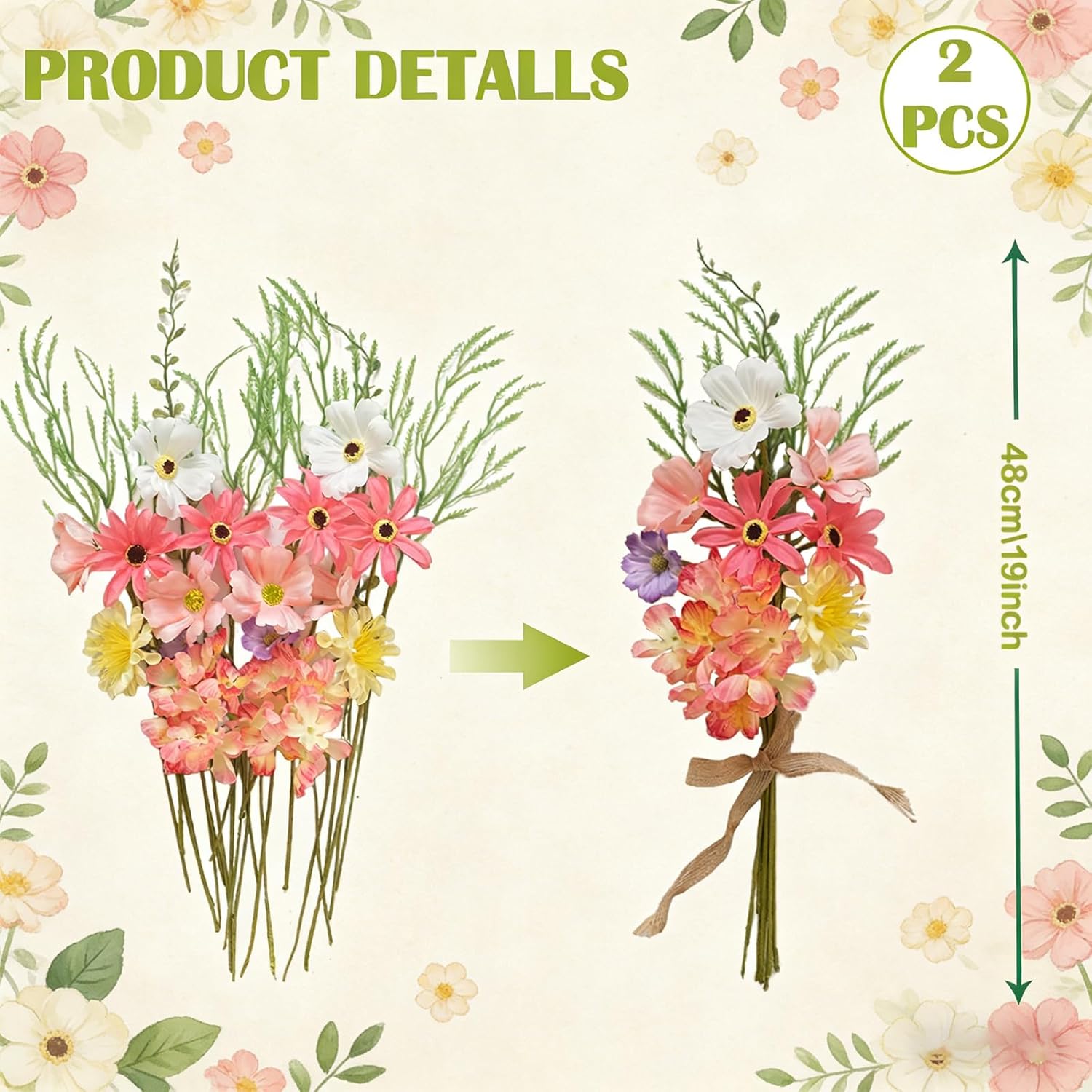 TEMPUS 2 Bundles 19 Inch Spring Artificial Flowers Bouquet Silk Seasonal Floral Plant Arrangements for Bridal Bouquets Home Party Wedding Table Centerpieces Decor DIY Wreath