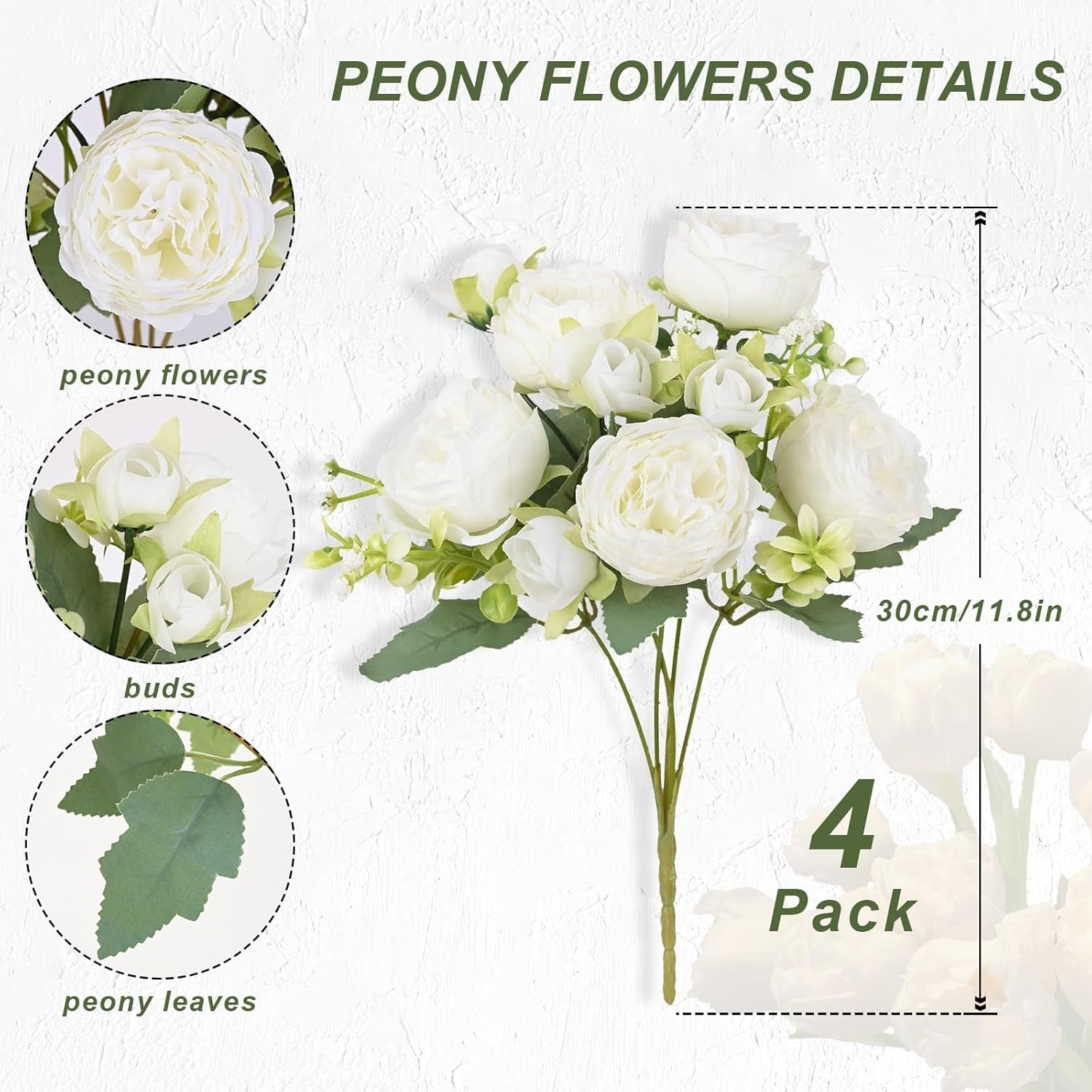 4 Bunches Peony Artificial Flowers White Flowers Silk Peonies Bouquets For Wedding Party Table Centerpieces Floral Arrangement Home Kitchen Decor