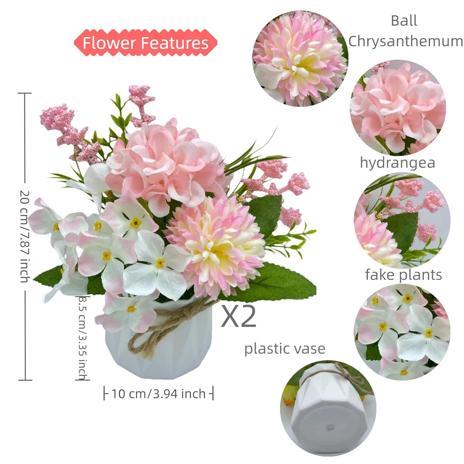 2 Potted Pink White Hydrangea Artificial Flowers Indoor Fake Plant Bathroom Accessories Decor?Faux Silk Flowers Arrangement In Vase Centerpieces For Tables Dresser Shelf Decor Aesthetic