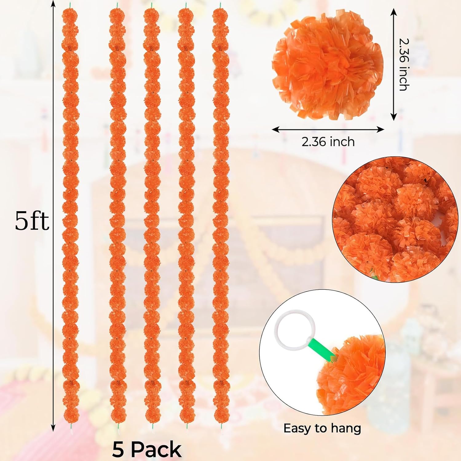 5Pcs Marigold Garland 5 Feet Long Artificial Flowers For Indian Diwali Pooja Wedding Party Home And Event Decoration (5, Orange)