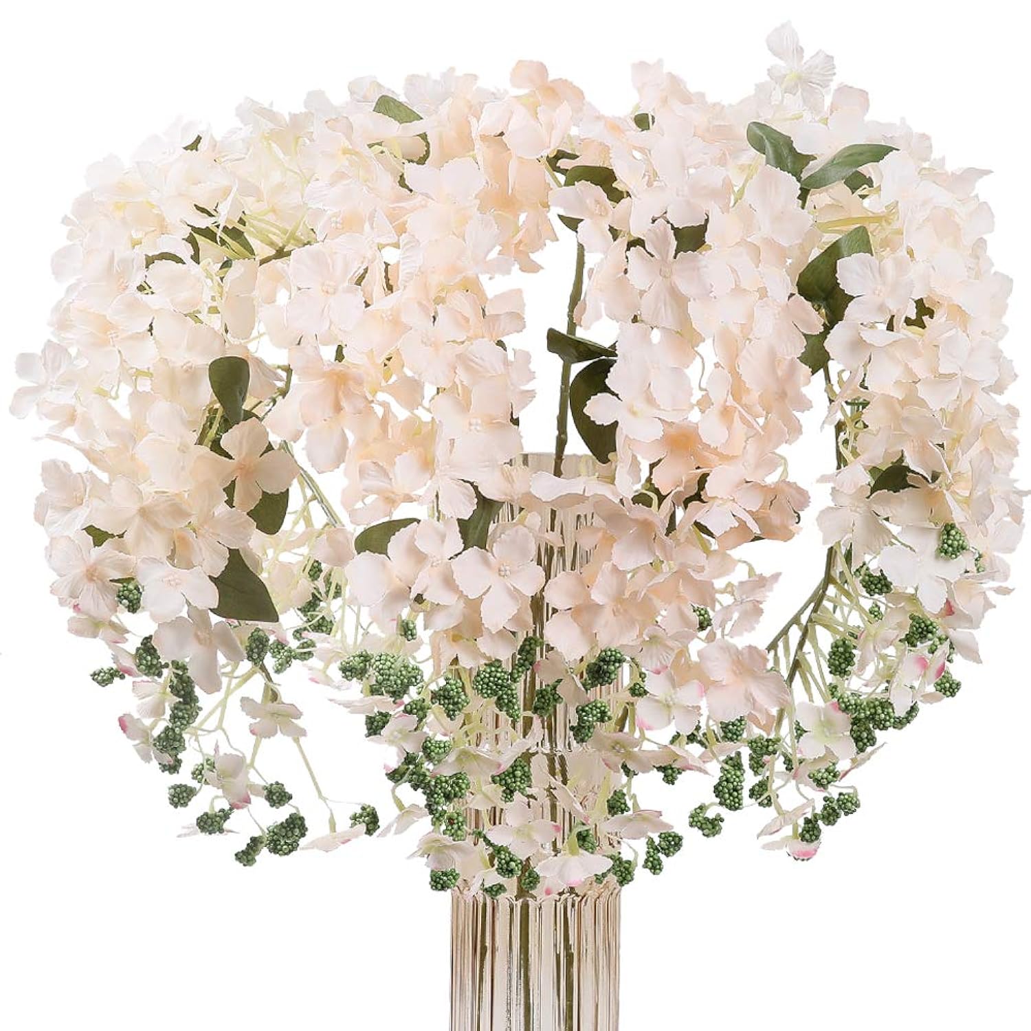 6Pcs Artificial Silk Hydrangea Flowers Long Stems Fake Flowers For Tall Vase Wedding Vine Hanging Garlands Flower For Home Office Arch Party Decoration(Champagne)