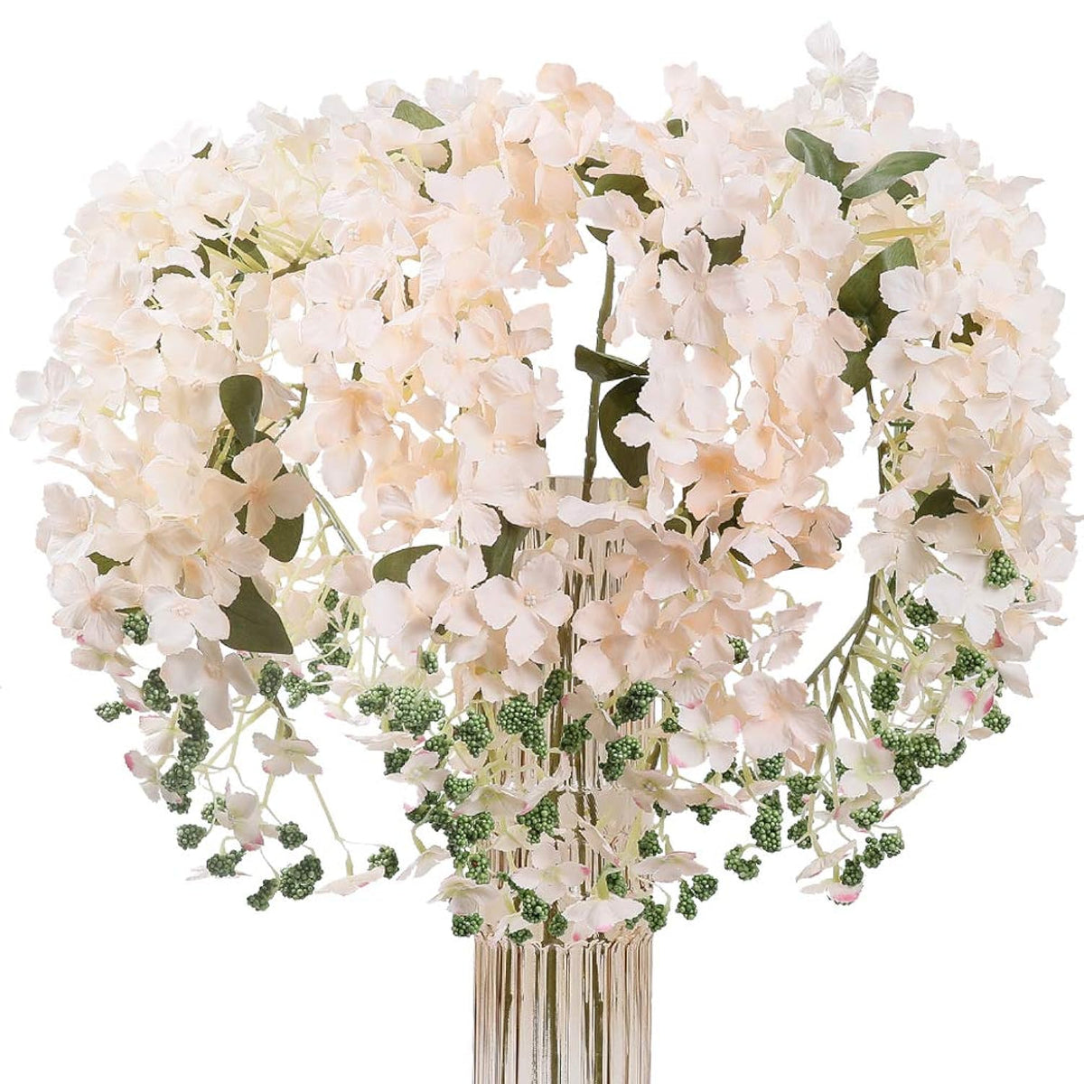 6Pcs Artificial Silk Hydrangea Flowers Long Stems Fake Flowers For Tall Vase Wedding Vine Hanging Garlands Flower For Home Office Arch Party Decoration(Champagne)
